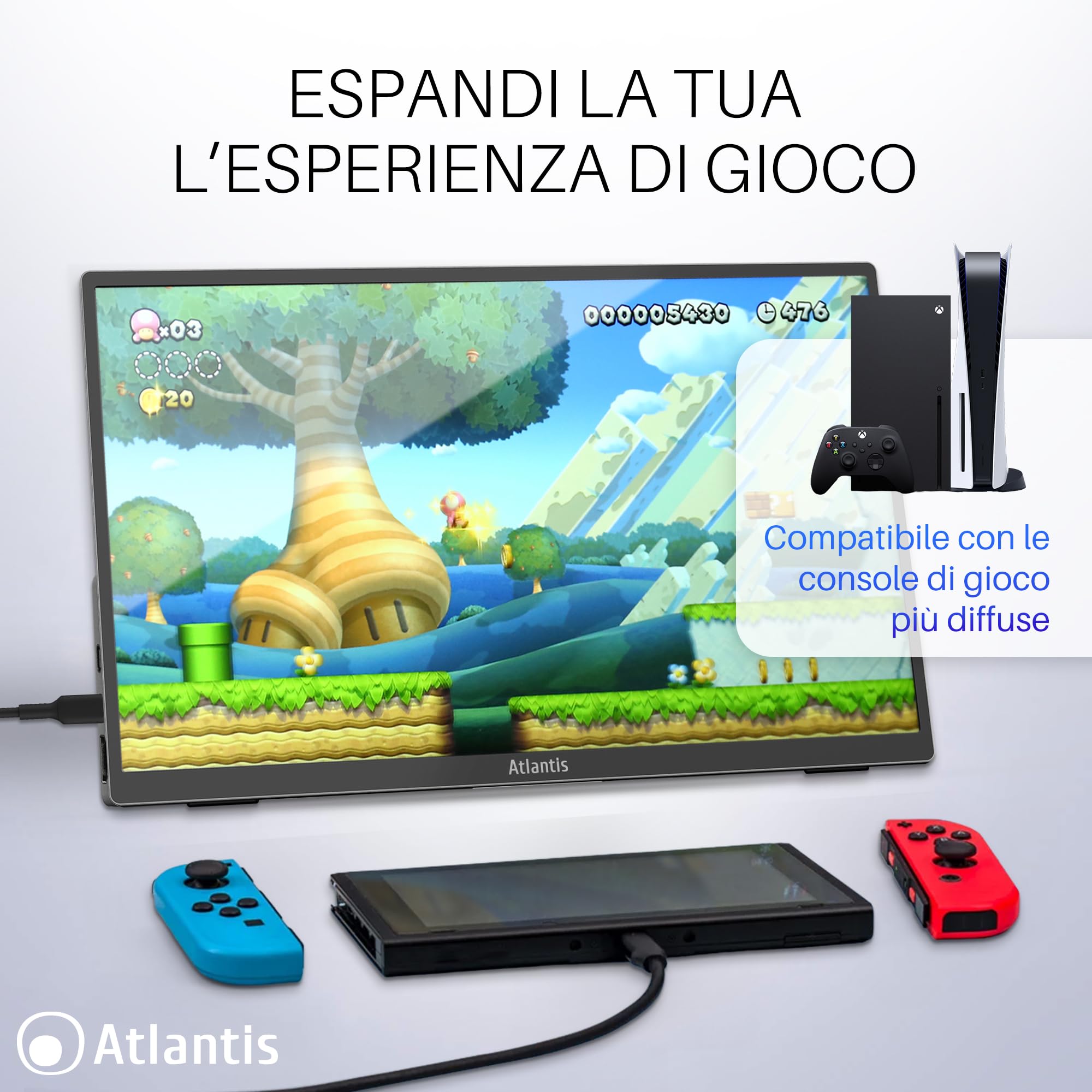 Atlantis Monitor Portatile TouchScreen 16 Pollici, 1080P Full HD 1920x1080, HDMI/Type_C, Speaker 2x1W, Inclinazione Regolabile, display IPS, per Notebook/Console/ 170/170,Cavo HDMI 1,5m/Type_C, < 1Kg.