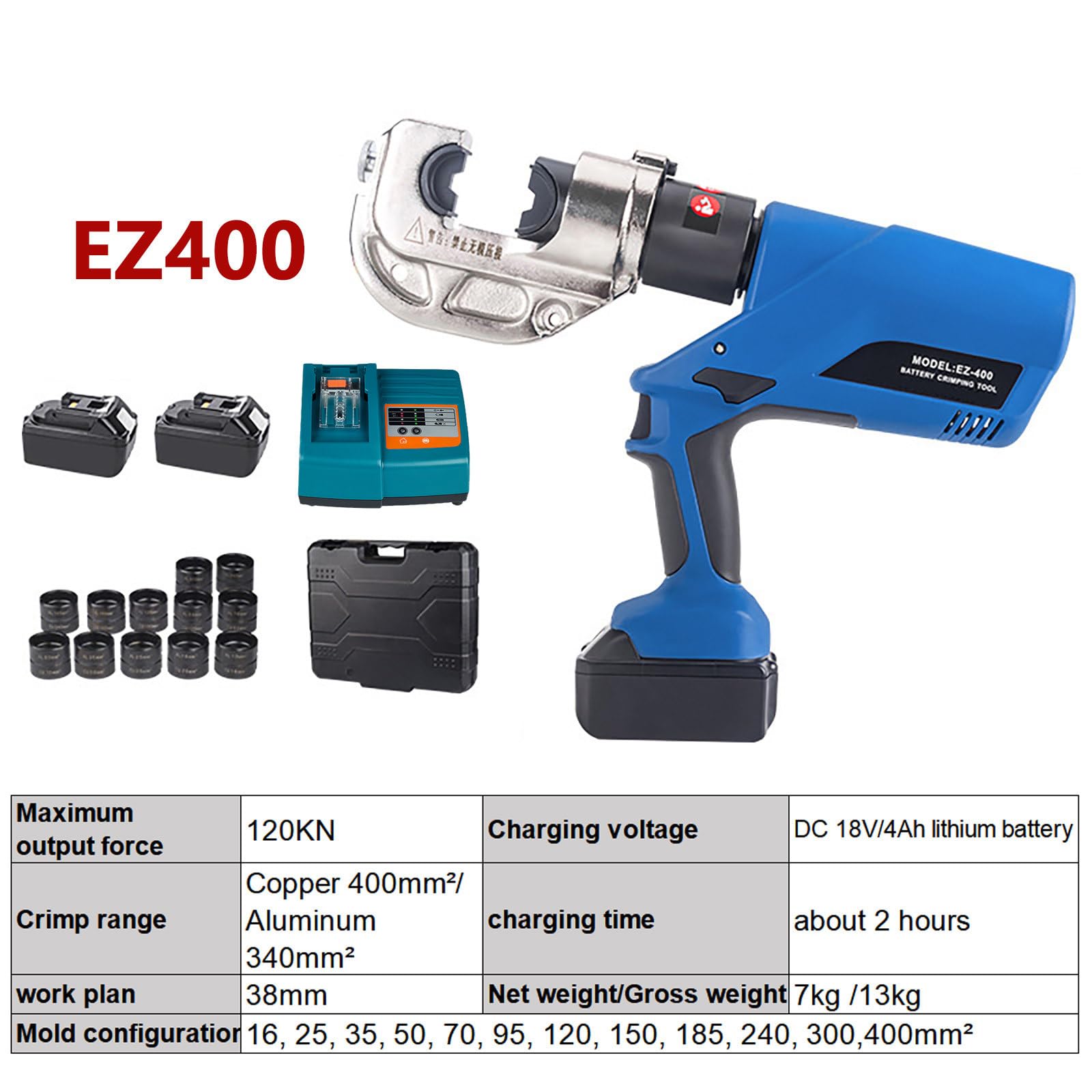 Alicates hidráulicos eléctricos a batería, Herramienta de engaste eléctrica Recargable, Potente prensacables. Incluye 2 baterías de 4.0AH, Cargador, Matrices, 16~400mm²