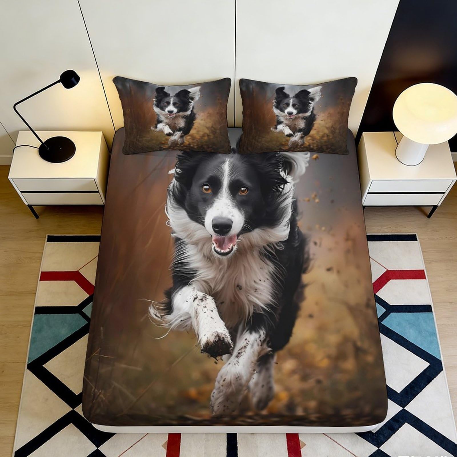 3D Printed Border Collie Fitted Sheet Microfiber Soft Breathable Dog Pattern Bed Cover for Bedroom Dormitory Guest Room Mattress Protection 90x200x25cm