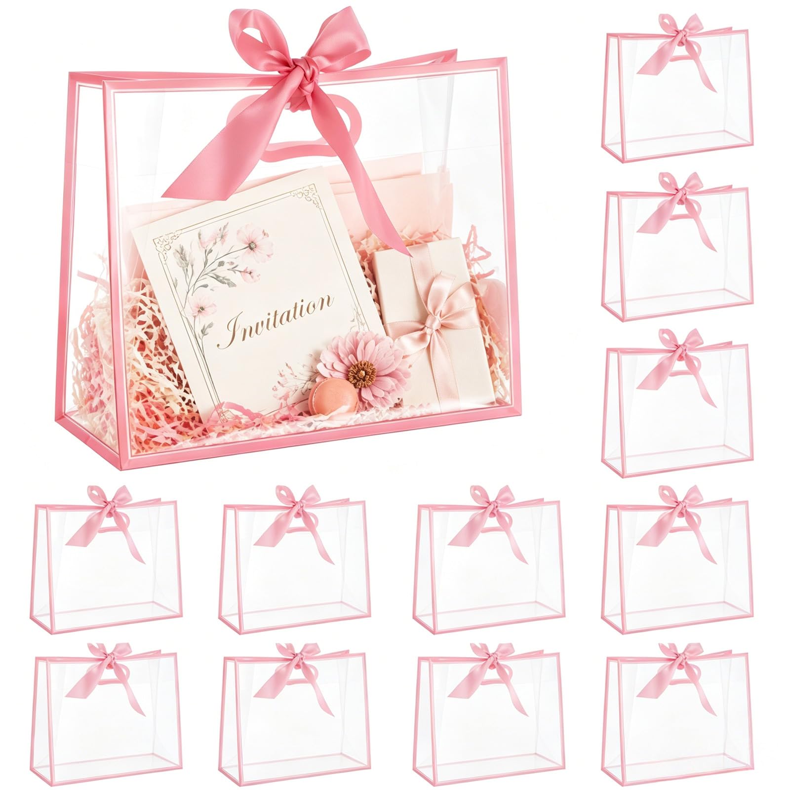 FERNVALE 12 Pack Large Gift Bags with Ribbon, 31x25x13cm Paper Present Bags with Sturdy Handles for Birthday Wedding Baby Shower Party Favor Corporate Gifts (Pink)