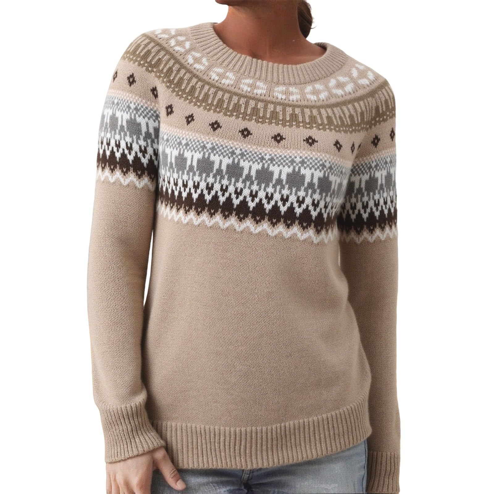 Coastal Grandma Sweater for Women Fair Isle Vintage Plus Size Sweaters Crewneck Casual Lightweight Fall Knitted Tops