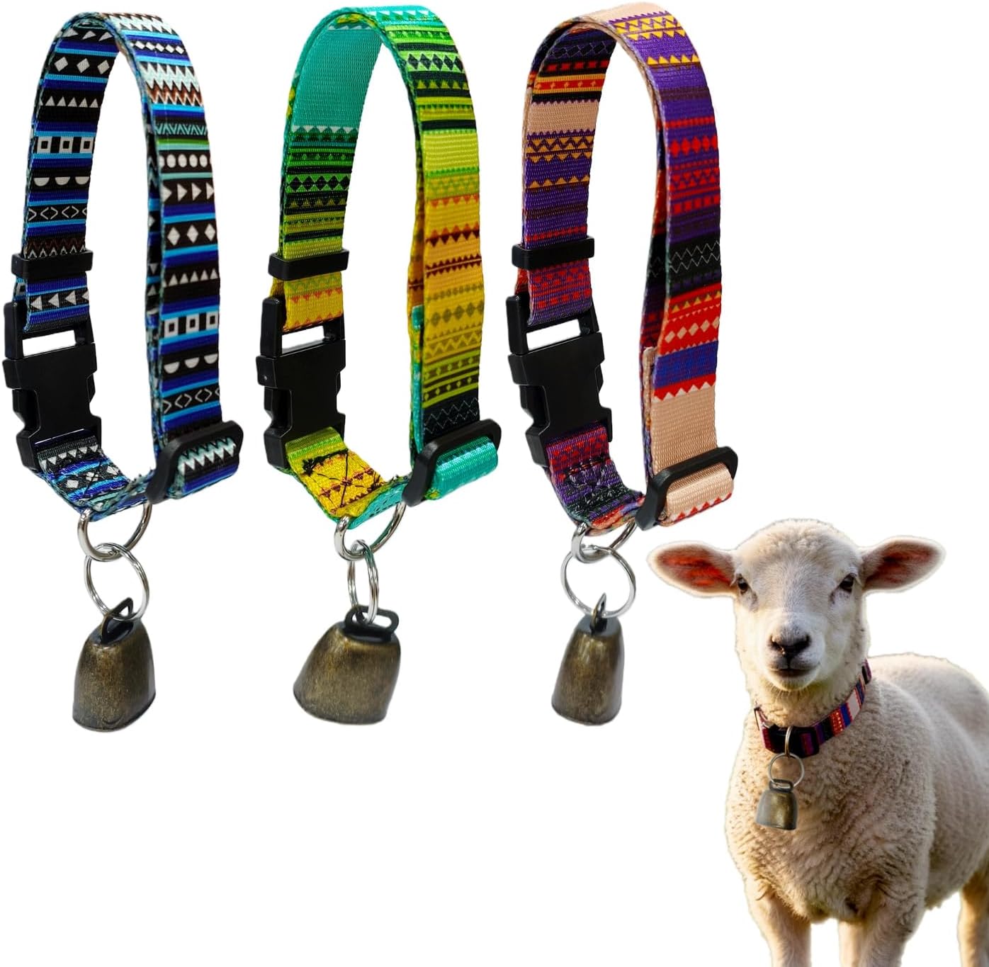 Goat Collars and Bells，Durable Nylon Adjustable Collar with Quick Release Buckle & Loud Copper Bell, Anti-Lost Grazing Collar for Farm Animals, Sheep, and Cattle Accessories