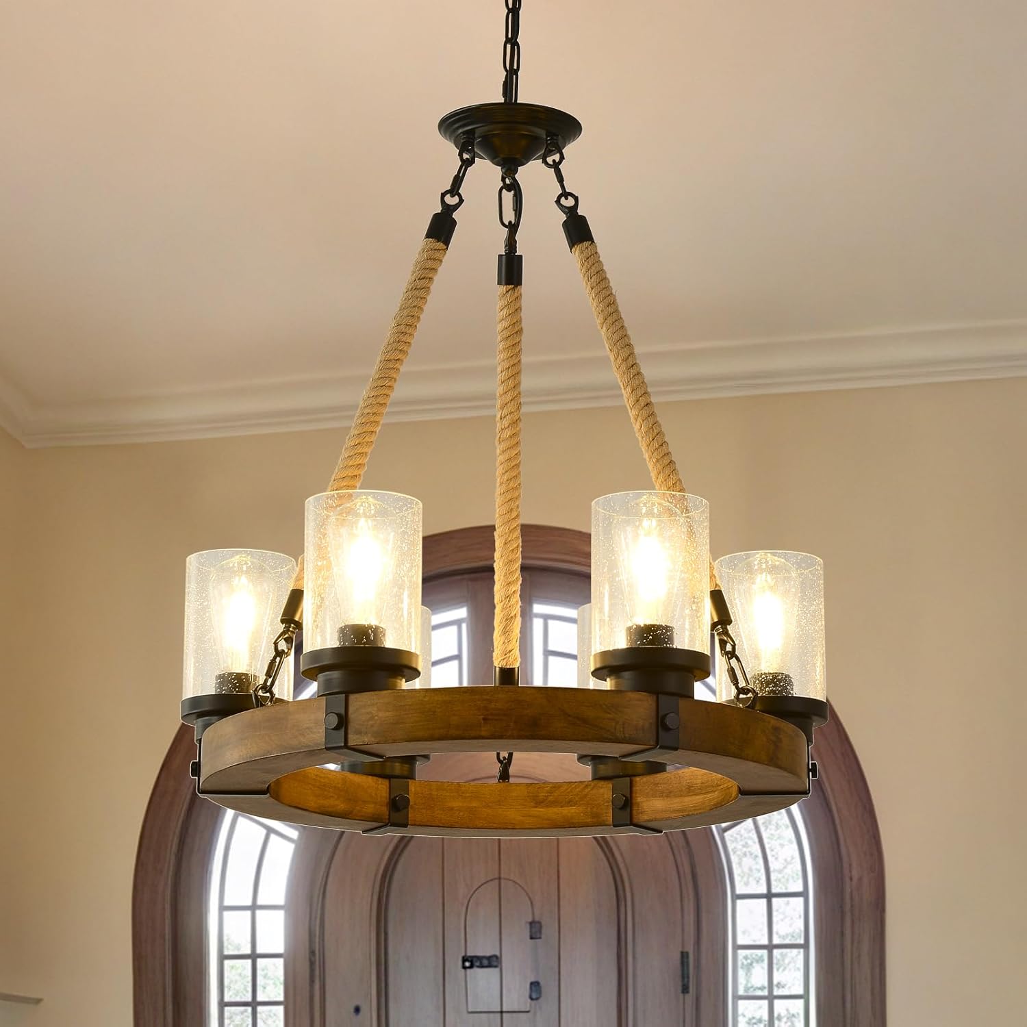 Rustic 6 Light Wagon Wheel Chandelier, Round Wood Pendant Light with Seeded Glass Shade, Farmhouse Chandeliers for Dining Room Kitchen Island Foyer Entryway