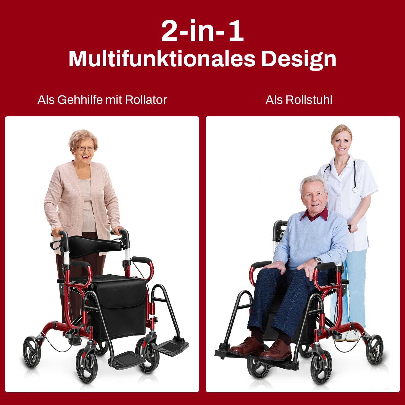COSTWAY Rollator faltbar und leicht mit Sitz, 2 in 1 Rollstuhl & Reiserollator, Gehhilfe 6-fach höhenverstellbar, Gehwagen mit Tasche & Bremse & Stockhalter, Aluminium, klappbar für Senioren (Rot)