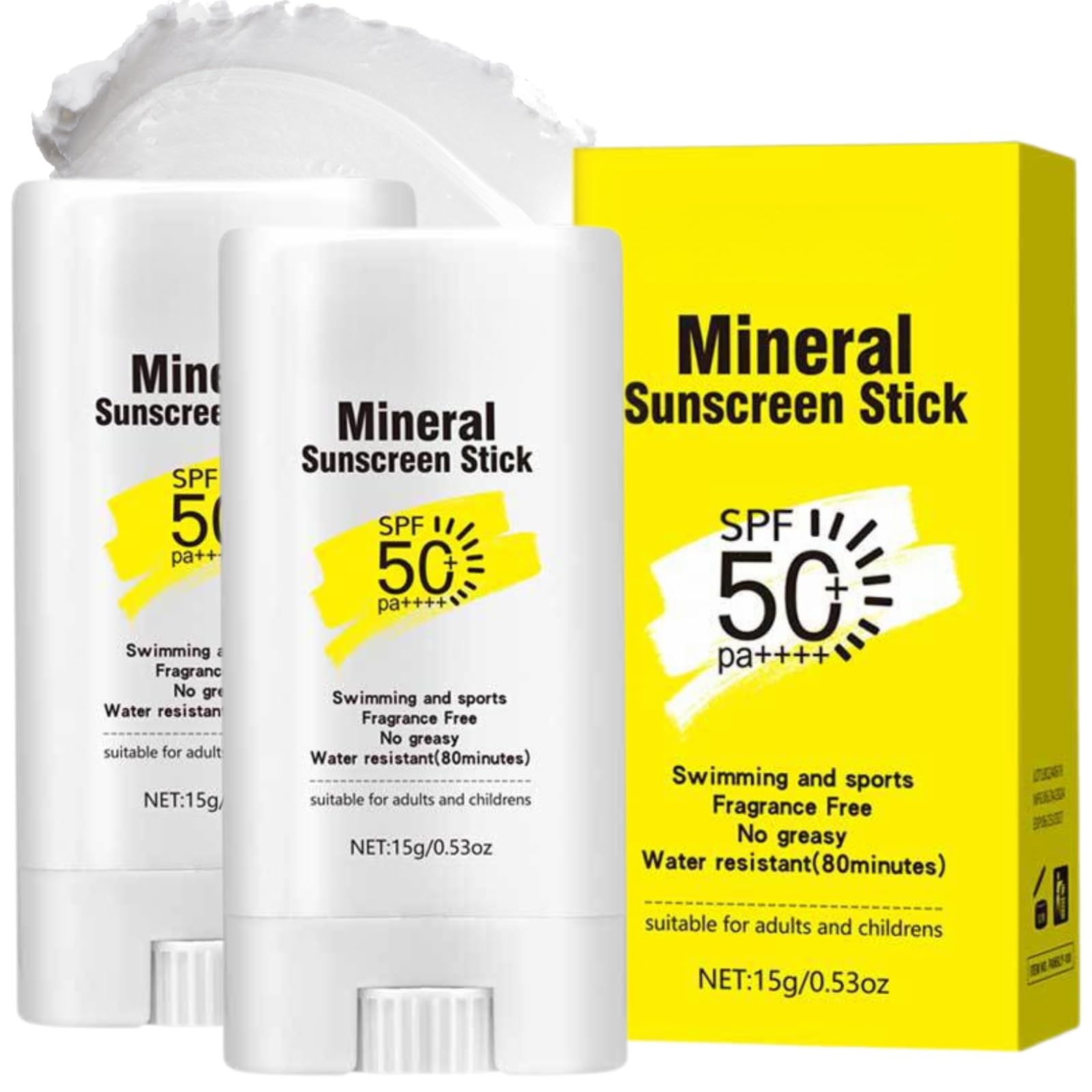 2PCS Sunscreen Stick, Mineral Sunscreen SPF 50 PA++++, Non-Sticky Water Resistant No White Cast Sun Cream for Face & Body