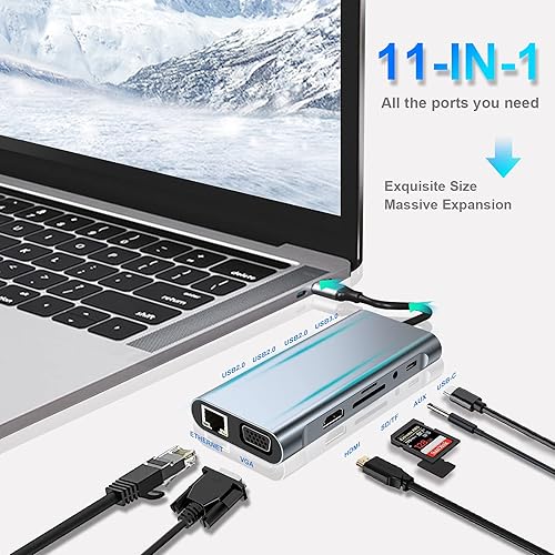 Miniatura 2 de USB C HUB, adaptador USB C 11 en 1 Dongle con 4K HDMI, VGA, tipo C PD, USB3.0, RJ45 Ethernet, lector de tarjetas SDTF, AUX de 0.138 in, estación de