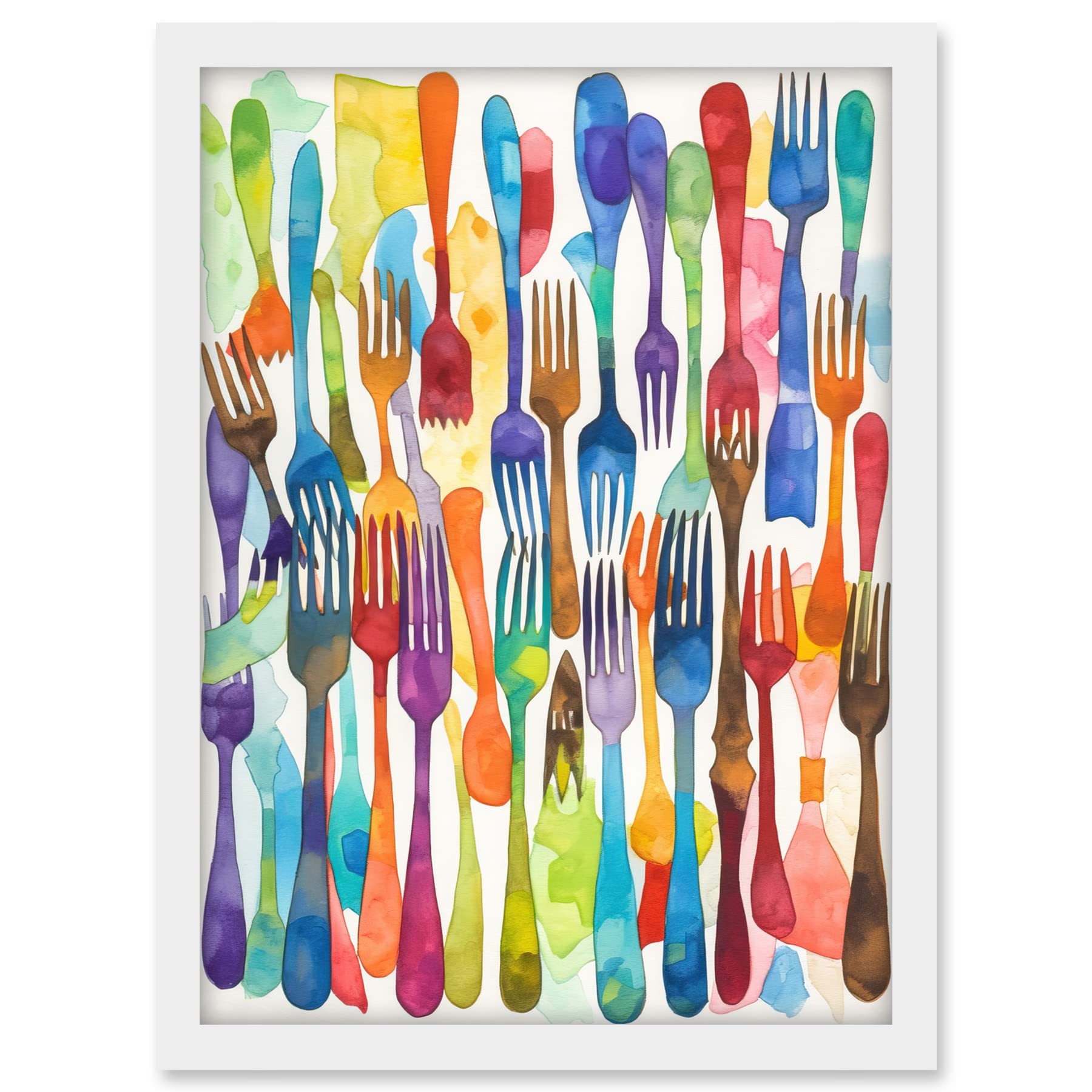 Artery8 Cutlery Pattern Multicoloured Forks Watercolour Painting Artwork Framed A3 Wall Art Print