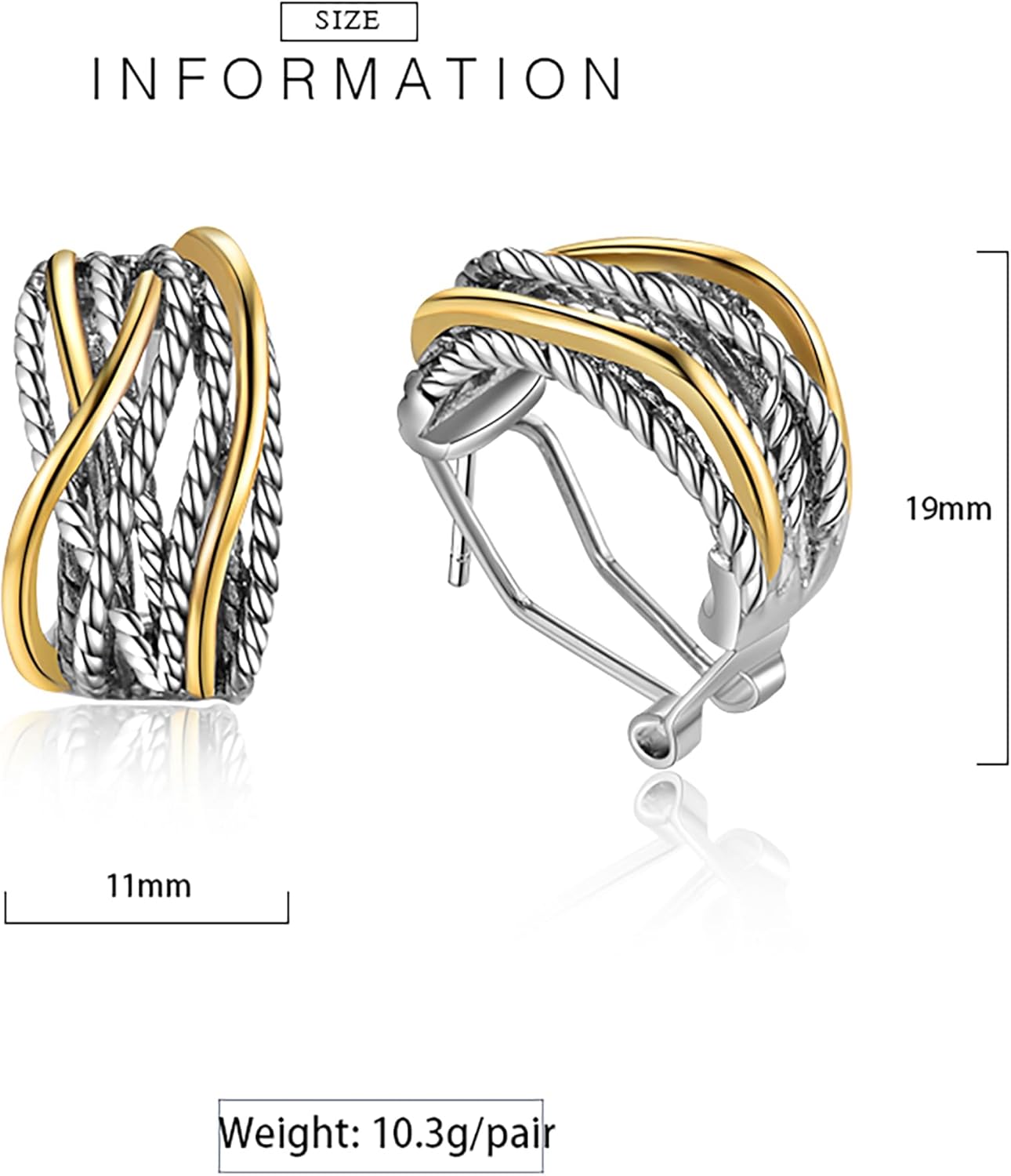 14k Gold Silver Earrings for Women, Crossover Half Hoop Earrings Two Tone Twisted Stud Lightweight Statement Earrings Jewelry - Image 5