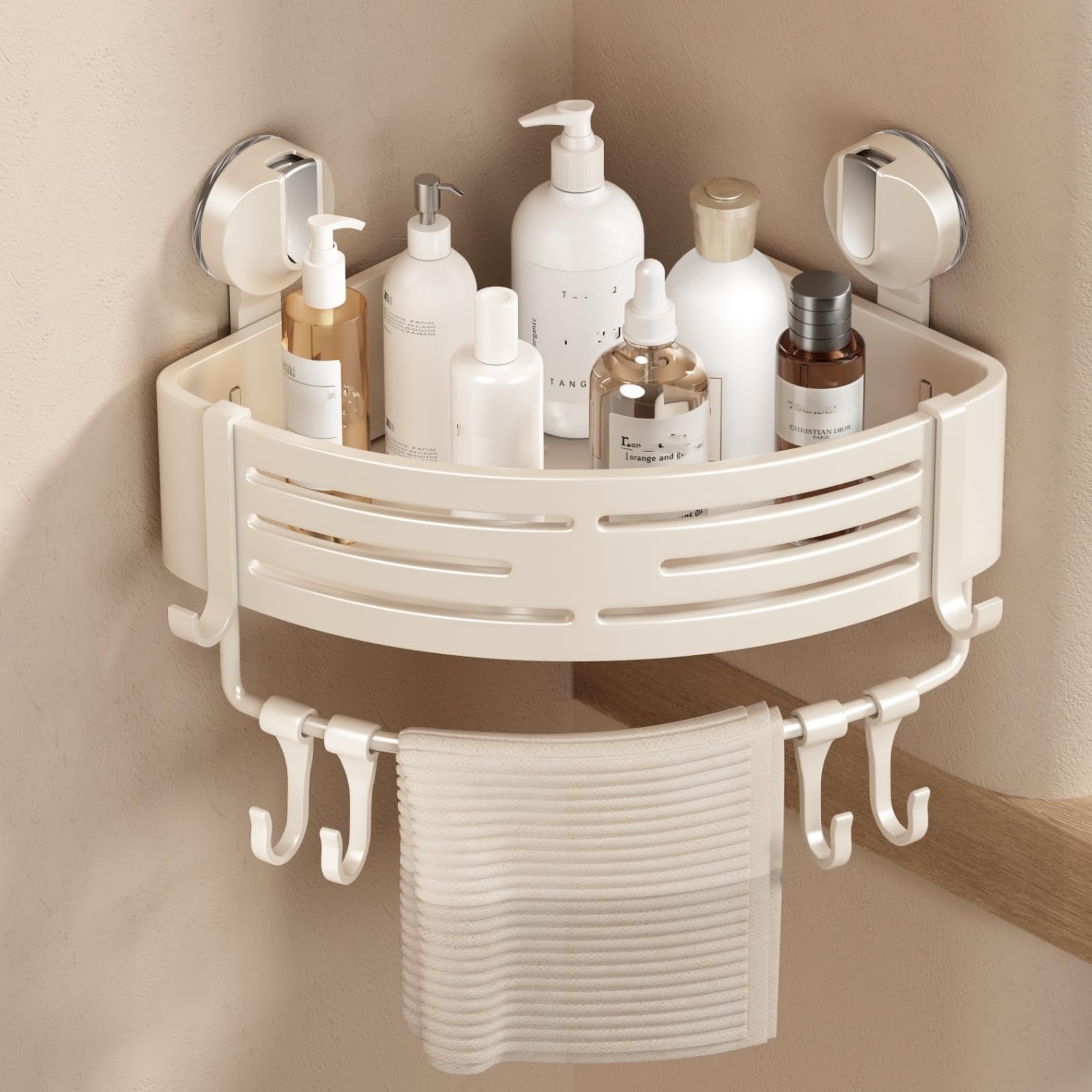 Voldra Mensola Doccia Angolare Ventose, 2 Pezzi Porta Sapone Per Doccia Senza Foratura Porta Bagnoschiuma da Doccia Bagno Portaoggetti Shampoo Doccia Angolare con Portasciugamani e Ganci (Bianco)