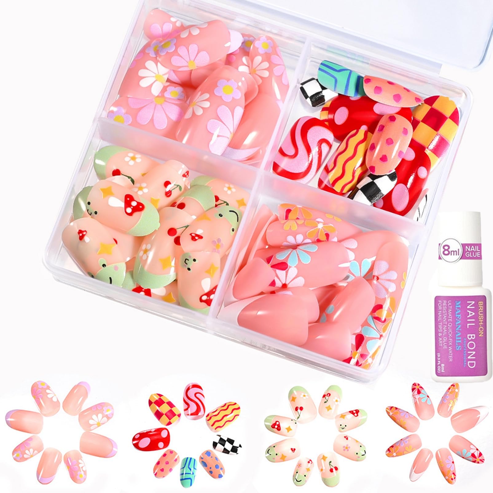 96Pcs Cute False Nails - Press on Nails with Flower Cherry Points and Lines Designs - Cartoon Stick on Nails with Glue - Full Cover Artificial Nail Tips for Women Girls DIY Manicure Decoration