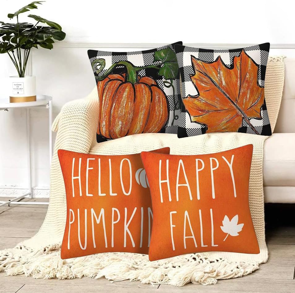 Image of PSDWETS Fall Decor Pillow Cover 18x18 Set of 4,Hello Fall Pumpkin Decorations Cushion Cover,Thanksgiving Home Decorative Pillows