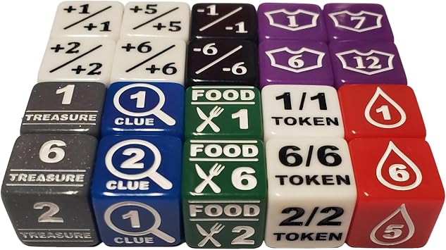 Essential Token & Counter Dice Set Compatible with Magic The Gathering Treasure, Clue, Food, Blood, Creature, Positive, Negative & Loyalty d6s