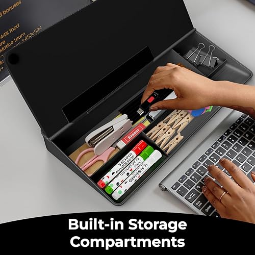 Miniatura 9 de Chalkola Pizarra blanca de escritorio de vidrio negro con almacenamiento, pizarra de borrado en seco, organizadores de escritorio de trabajo,