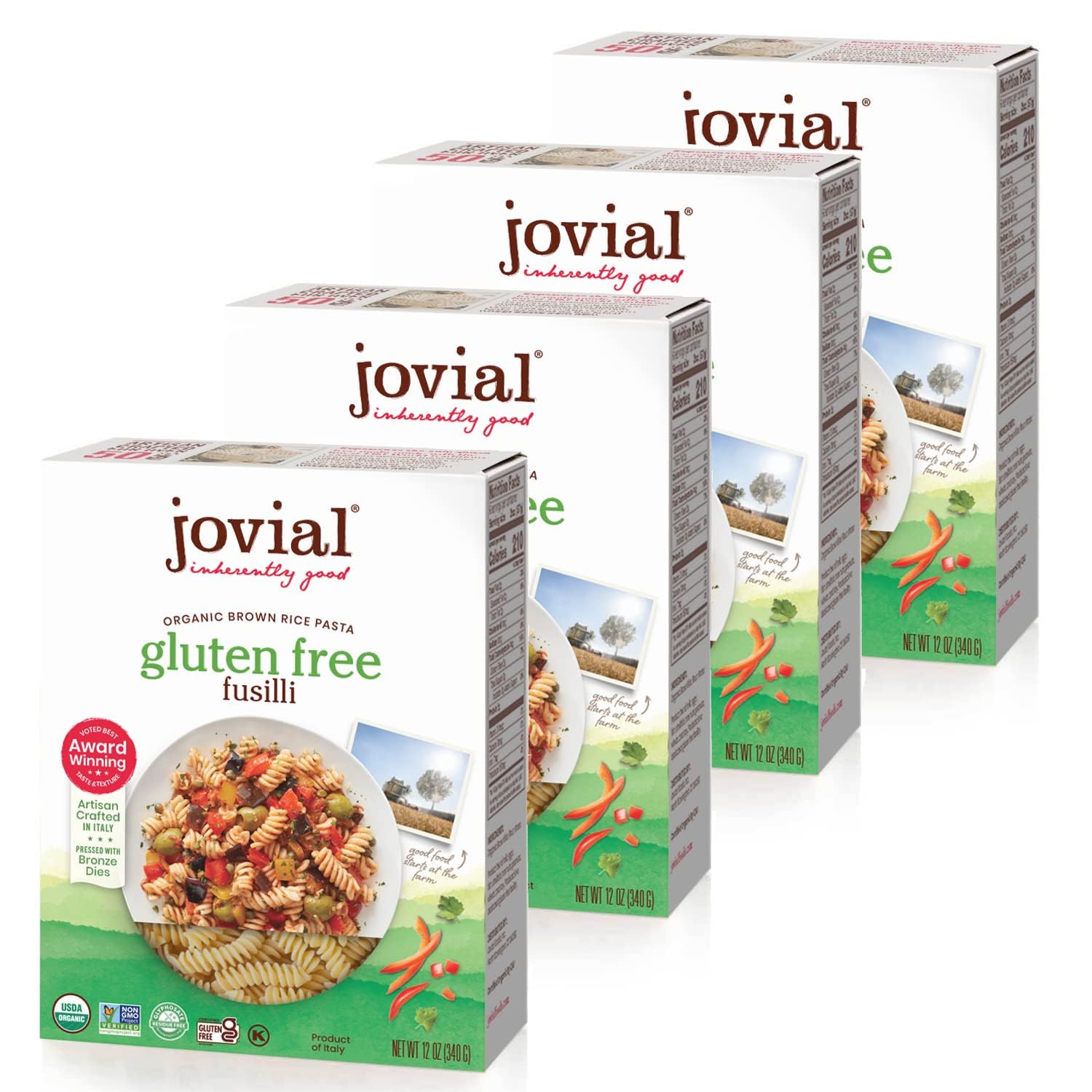 Jovial Whole Grain Brown Rice Fusilli Pasta - Pasta Fusilli, Fusilli Pasta, Whole Grain Pasta, Organic Pasta, Gluten Free, Dairy Free, Brown Rice Pasta, Made in Italy - 12 Oz, 4 Pack
