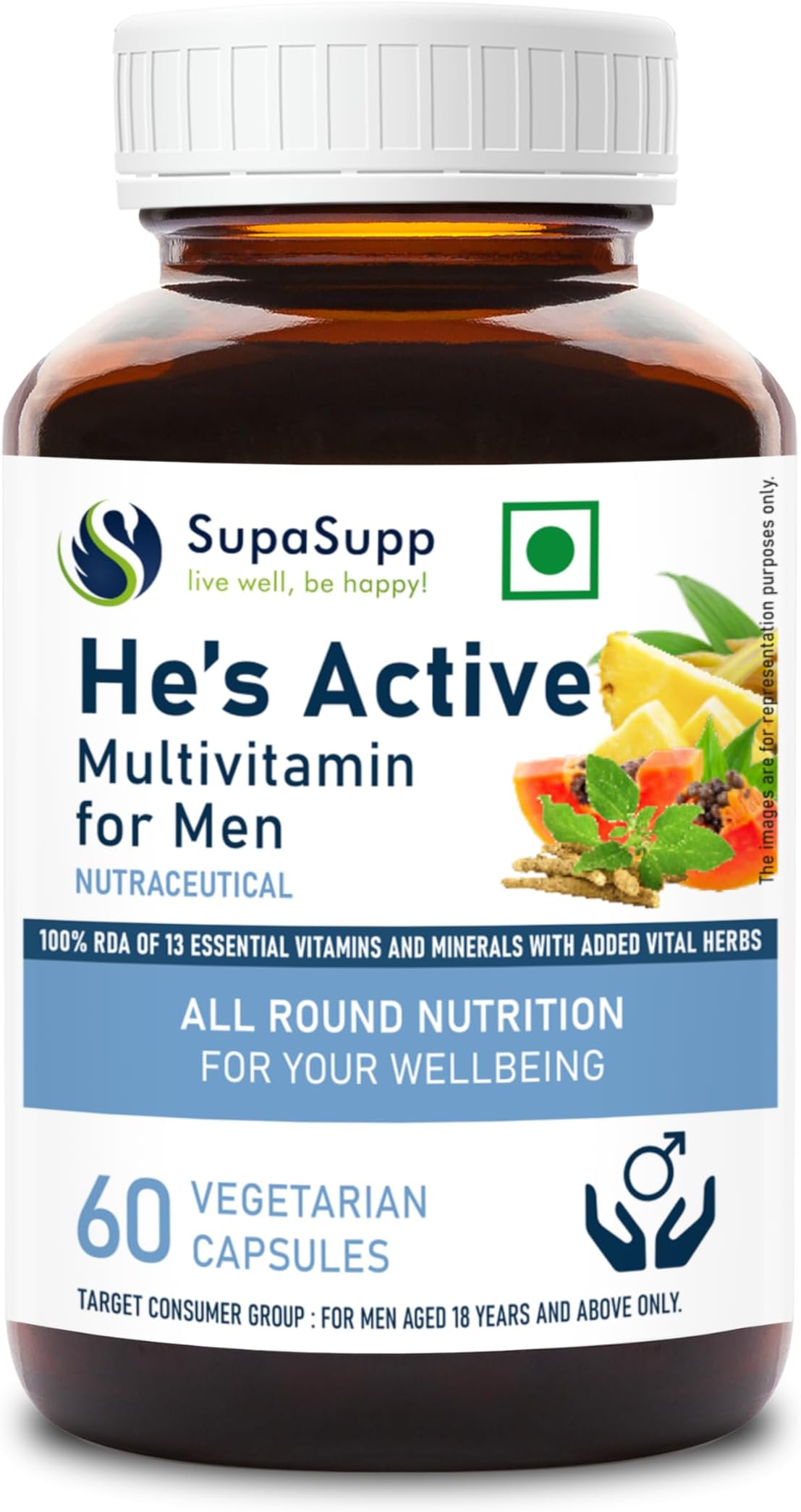 SupaSupp He's Active - Multivitamin For Men | All Round Nutrition For Your Wellbeing | Health Supplement | 60 Veg Cap, 500 mg
