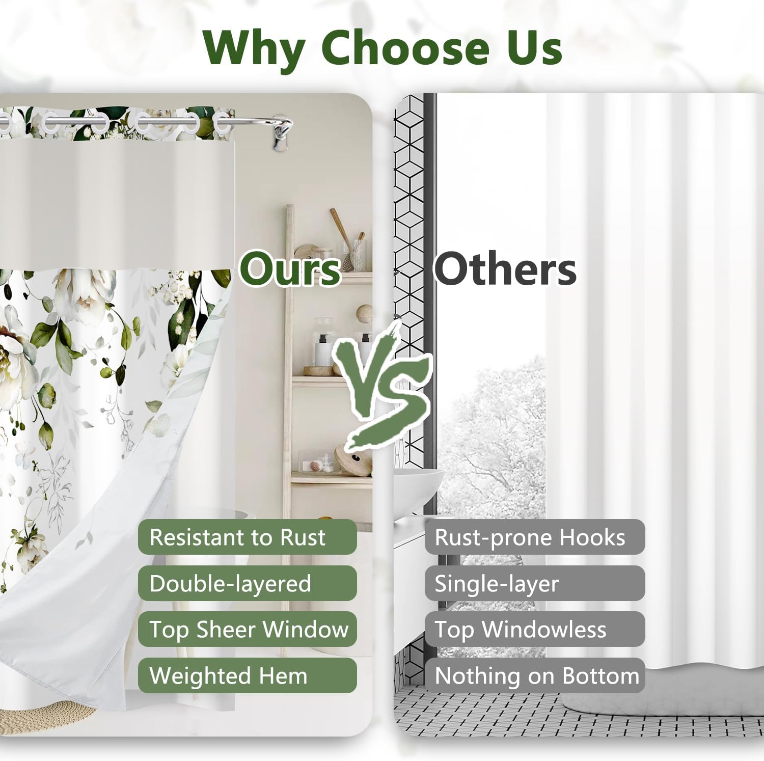 White Floral Green Leaves Shower Curtain and Liner Set, Green Eucalyptus Watercolor Flower Bathroom Curtains, Waterproof Fabric No Hook Shower Curtain with Mesh Top Window, Weighted Hem, 71x74 Inch