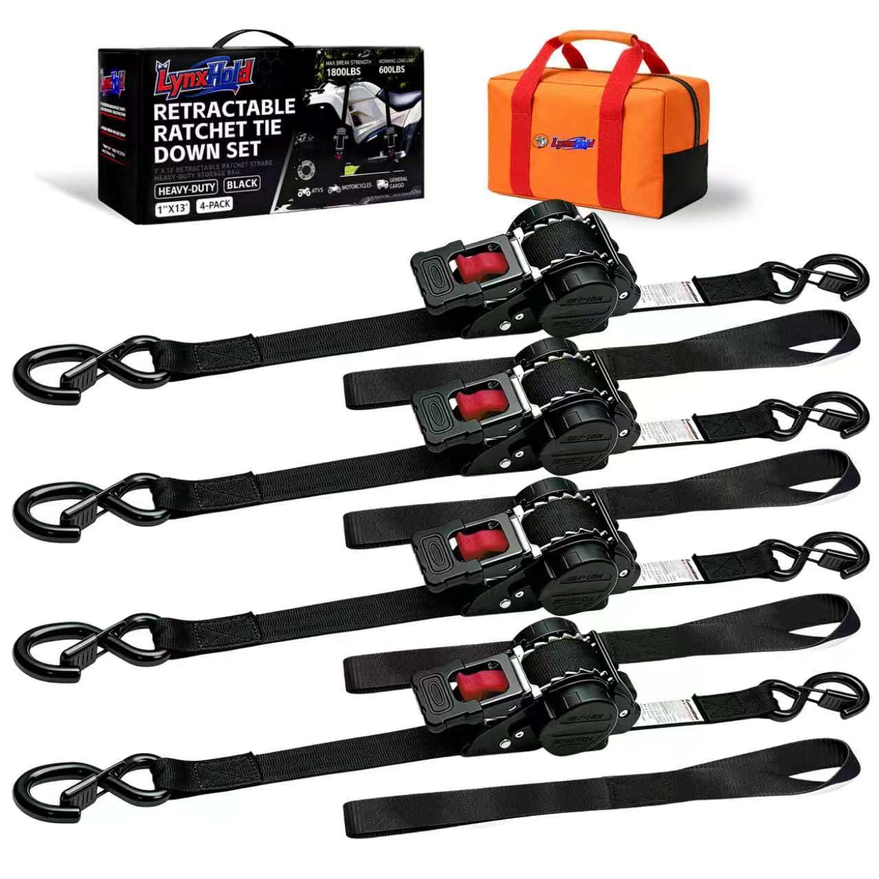 Retractable Ratchet Straps 1" x 13 Ft, Bolt-On, 1,800 Lbs, Black, 4 Pack