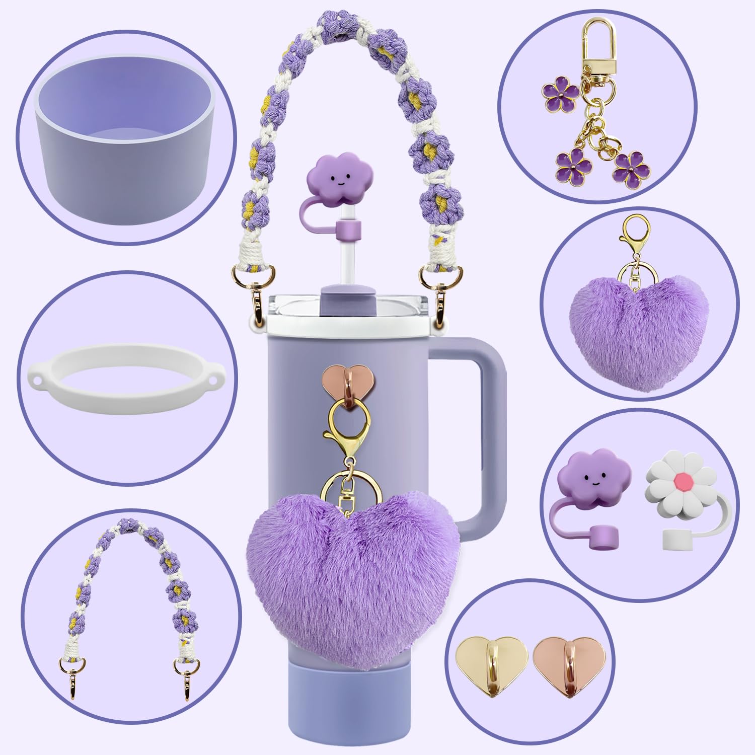 Stanley Tumbler Cup Accessories Set - 20oz, 30oz, 40oz with Silicone Straw Cover, Water Bottle Handle Strap, Charms, Silicone Cup Boot (Purple)