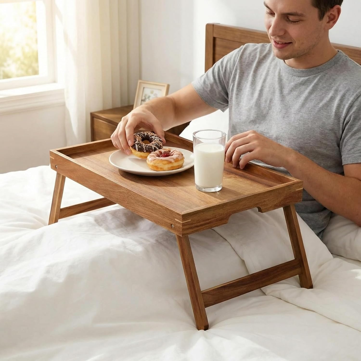 Folding Acacia Wood Breakfast Tray with Handles - Versatile Serving Table for Food, Snacks & Laptops - Ideal for Breakfast in Bed, Work & Leisure