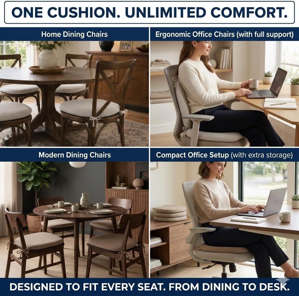 Premium Memory Foam Chair Cushions Set of 4 for Dining Chairs, Ergonomic Seat Cushions with 3D Jacquard Washable Cover, Non-Slip D-Shaped Kitchen Chair Pads with Ties, 16"×16"×1.8" (4, Light Grey)