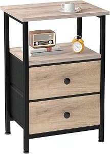 LOAKEKEL Night Stand, Bed Side Table with 2 Fabric Drawer for Living Room, Nightstand with Large Storage Space, End Table with Shelf for Bedroom, Grey, HETS002GY-1