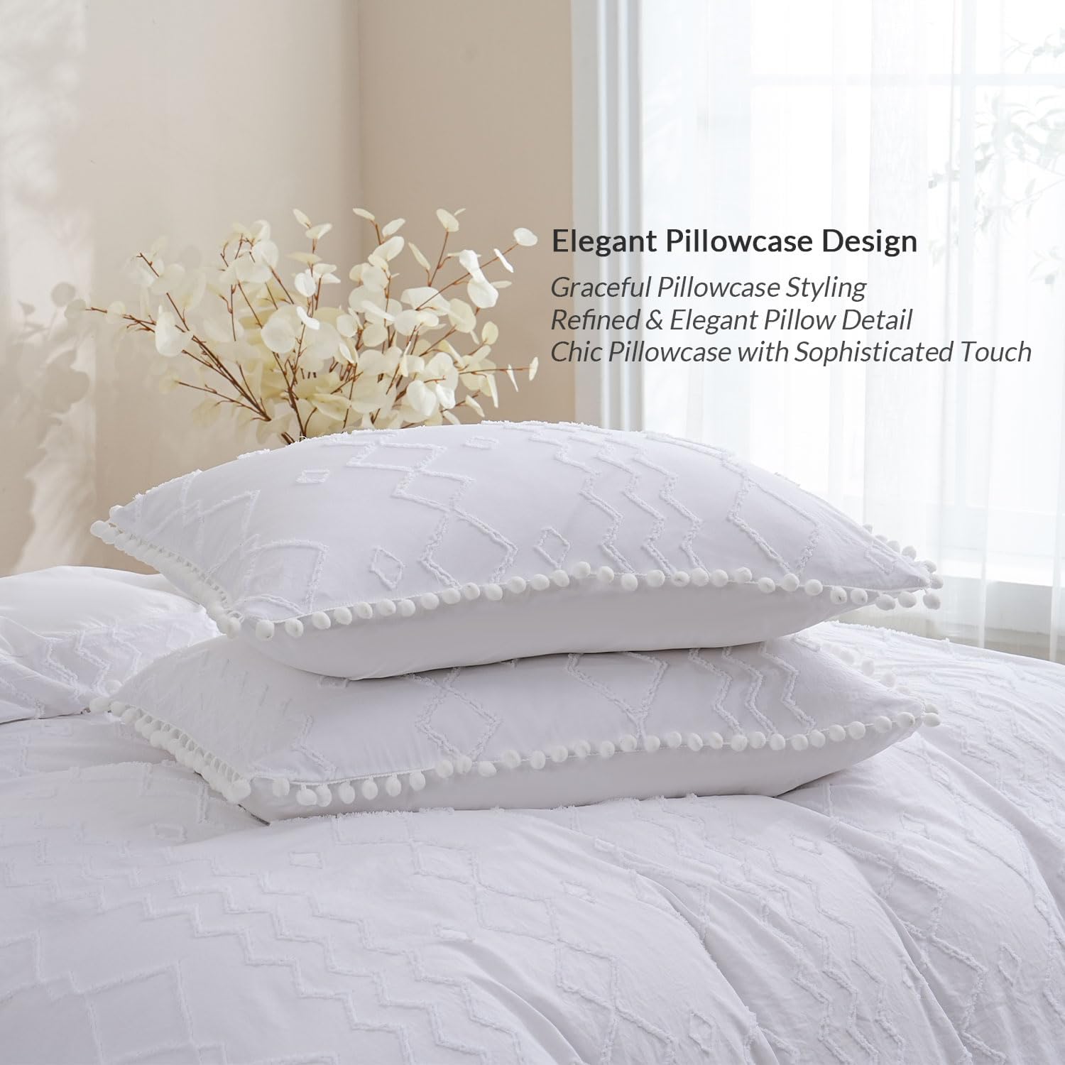 Boho Duvet Cover Queen, Tufted 3-Piece White Pom Pom Fringe Bedding Set with Zipper, Boho Bedding Queen, Includes 1 (90"x90") Duvet Cover and 2 Pillowcases