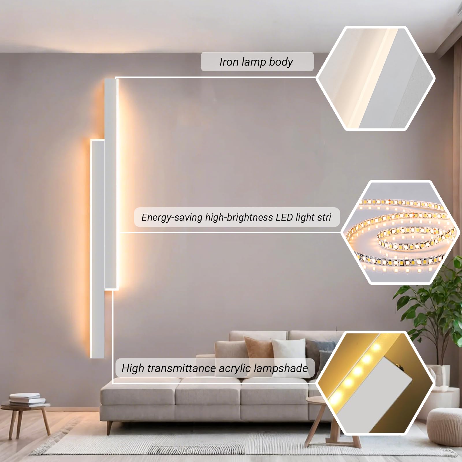 Aplique pared con Control Remoto,25W 2800LM lampara led,100CM lampara pared Regulable,3 Temperaturas De Iluminación,Aplique pared interior para Dormitorio Salón Escalera Pasillos(blanco)