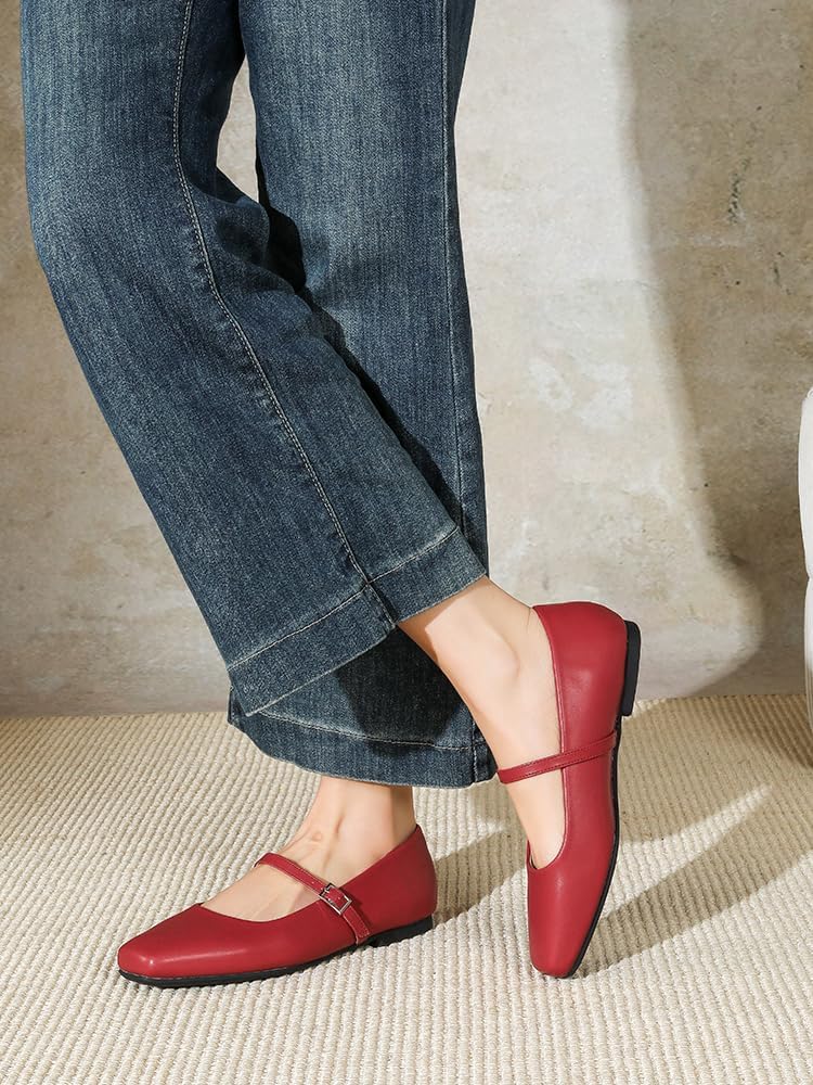 Women's Square Toe Mary Jane Ballet Flats Shoes with Adjustable Strap, Slip On Comfortable Work Flats, Soft Leather Dressy Shoes - Image 3