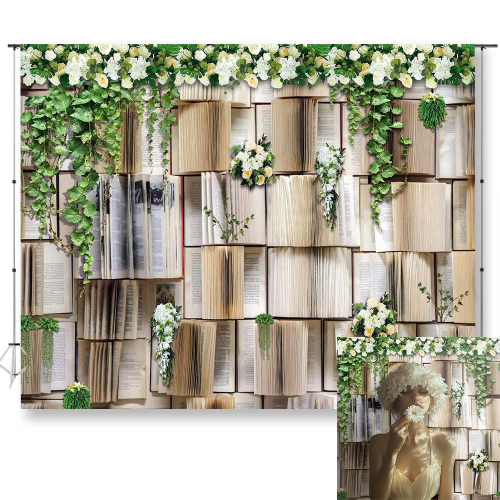 KUKUSOUL 10x8ft Book Backdrop Flower Garlend Books Background Book Club Backdrops Books Backdrop for Kids Birthday Party Woman Weeding Banner Baby