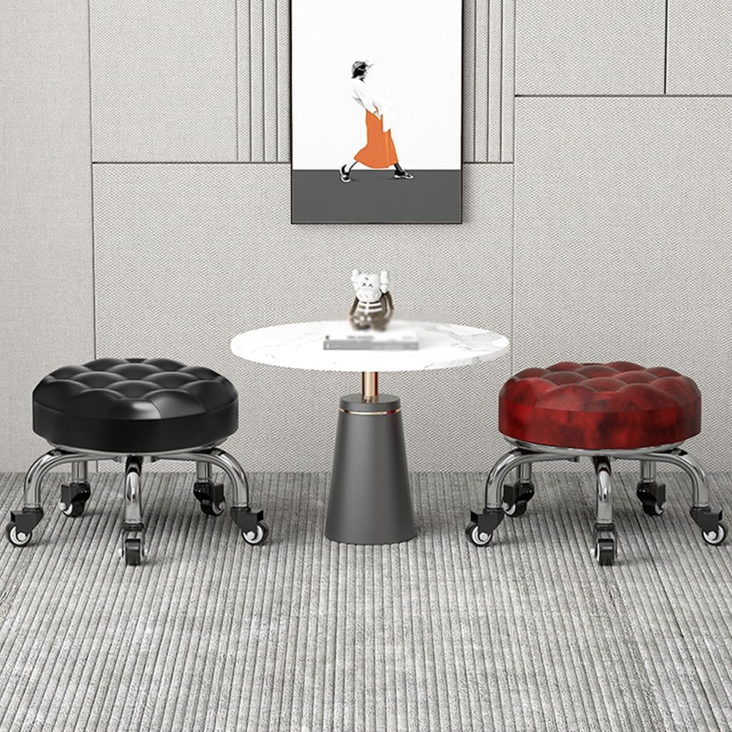 Heavy-Duty Low Roller Stool with 360° Swivel Wheels, Ottoman Footstool, Low-Height Short Rolling Stool Seat, PU Leather Small Mechanic Chair, Rolling Stools for Garage, Shop, Library Brown