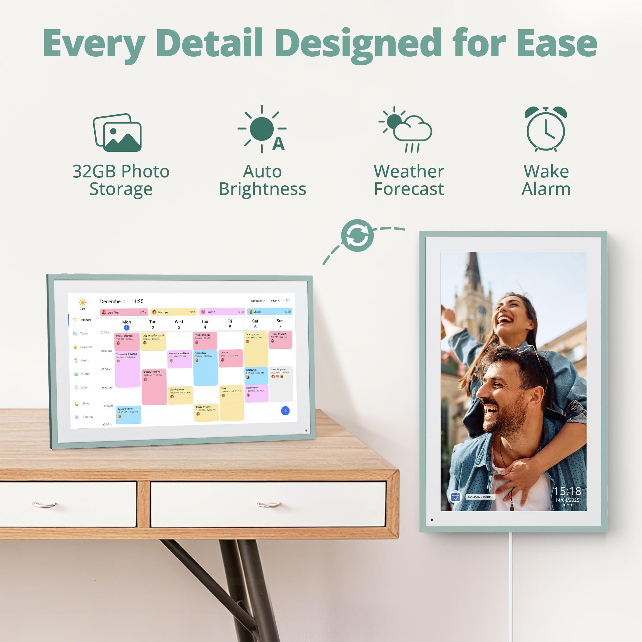 Dragon Touch Calendario digital de pared de 15,6 pulgadas, 1920 x 1080 FHD, Planificador de calendario electrónico con 32GB, Calendario de Escritorio inteligente con Pantalla táctil, Gris Verde