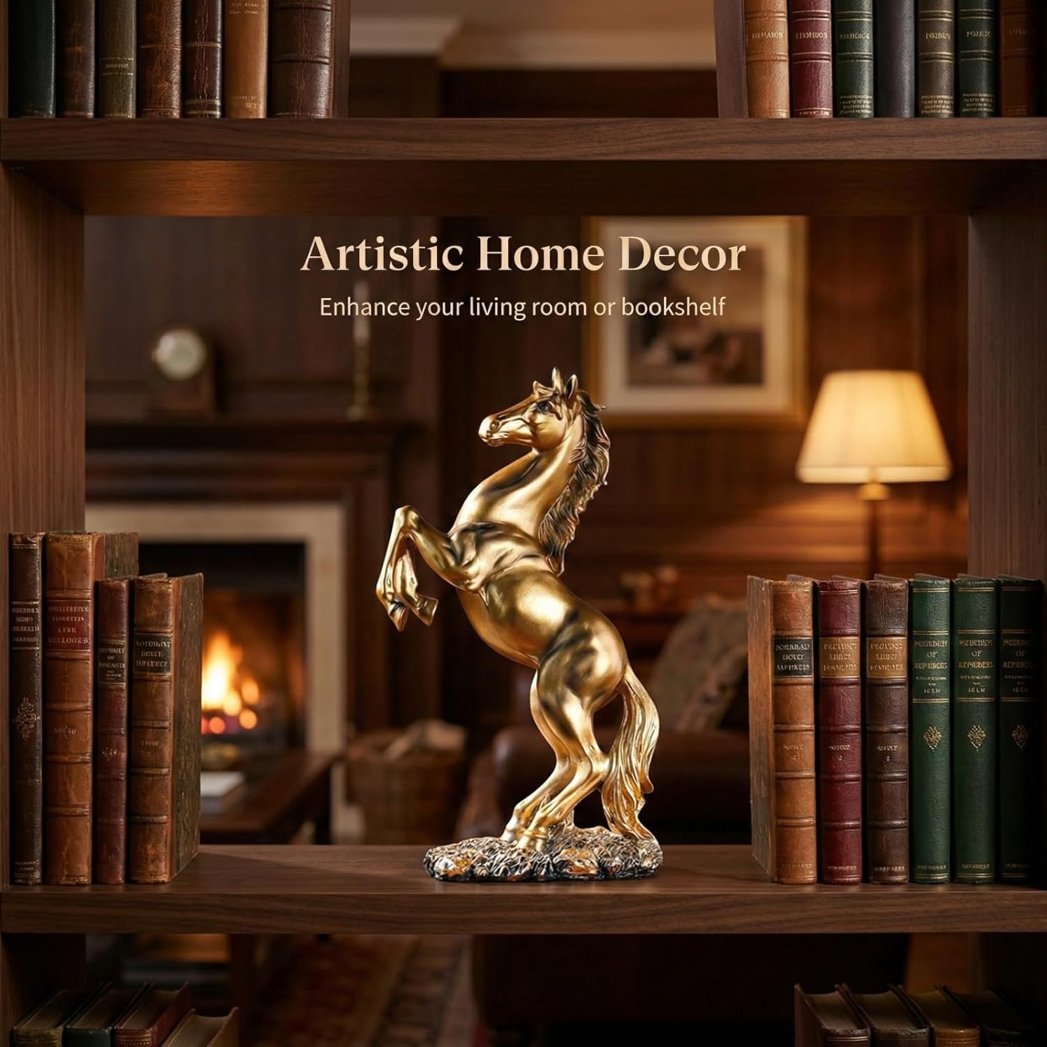 Golden Rearing Horse Statue for Home Decor - 12.2" Antique Gold Resin Stallion Sculpture - Lucky Feng Shui Figurine for Office Desk, Bookshelf & Business Gifts (Symbol of Success)