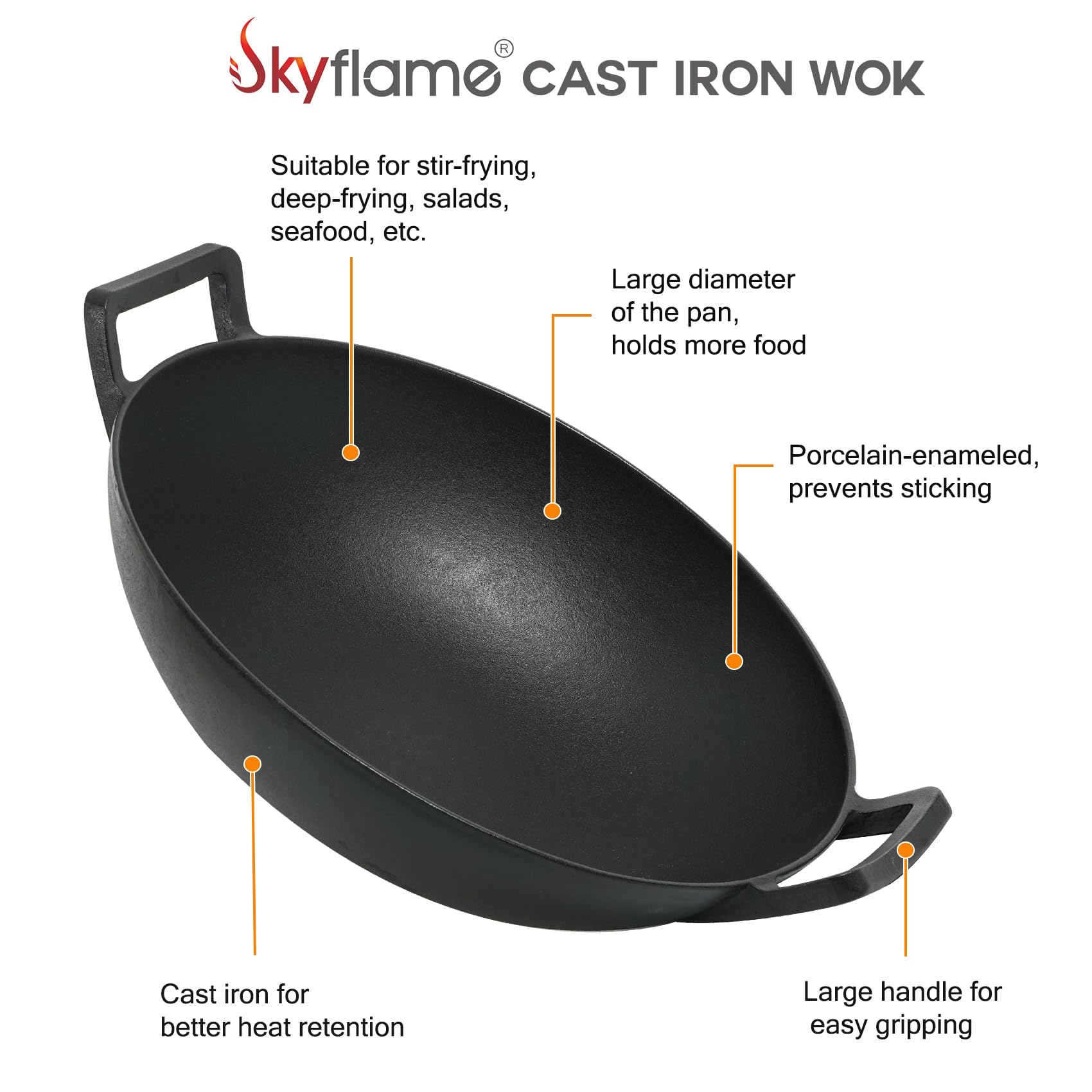 Skyflame Wok de hierro fundido de 14 pulgadas con asas, compatible con el sistema de barbacoa Weber Gourmet y el sistema Spirit II y Genesis II GS4, sartén antiadherente pre-sazonada para parrilla,