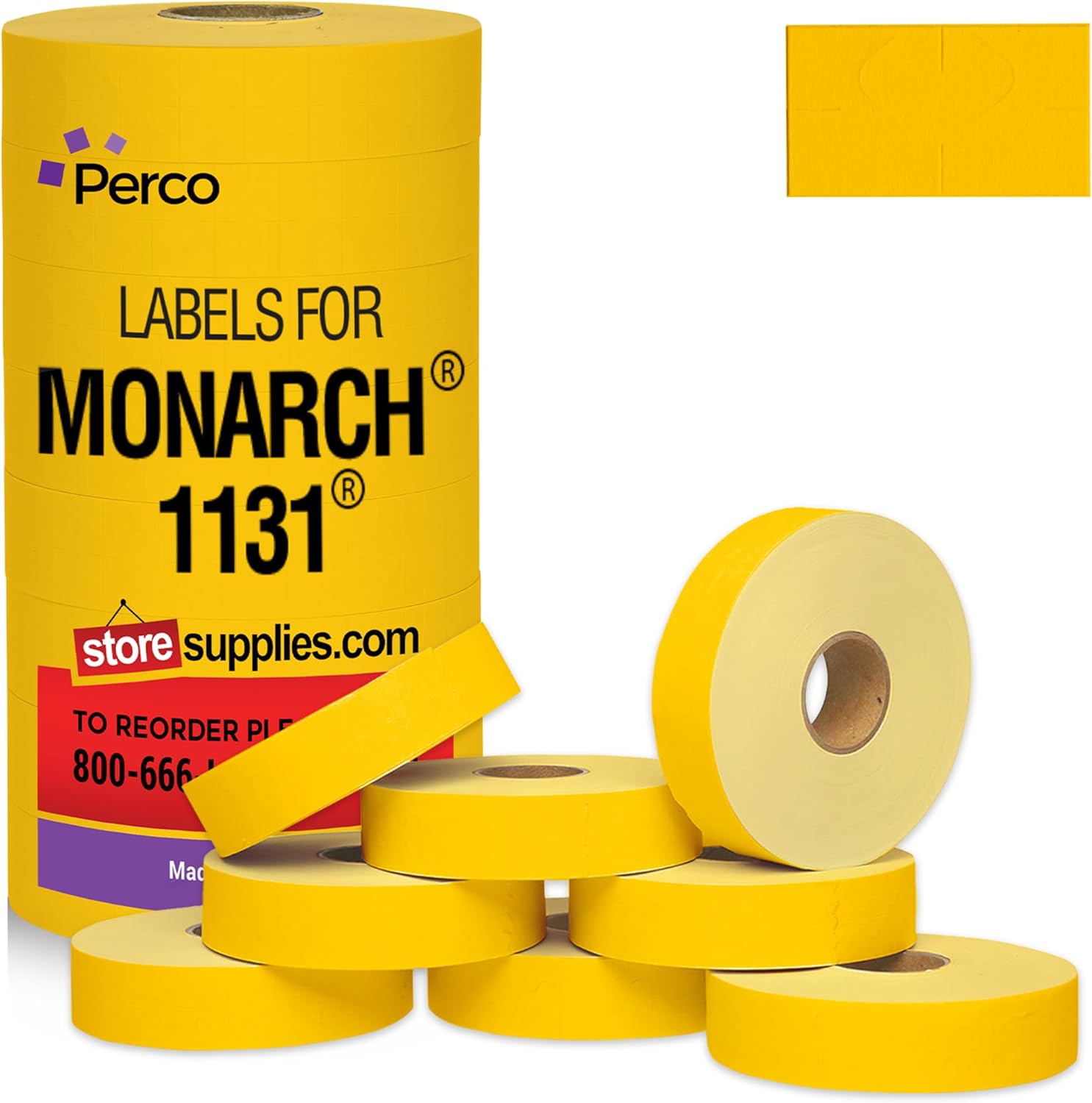 Perco Yellow Pricing Labels for Monarch 1131 Price Gun - 1 Sleeve, 8 Rolls, 20,000 Price Marking Labels - with Ink Roll Included