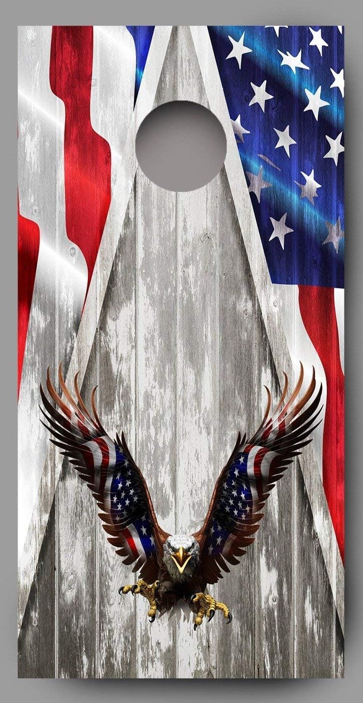 Bald Eagle American Flag Wings on Wood Grain Cornhole Decal Wraps