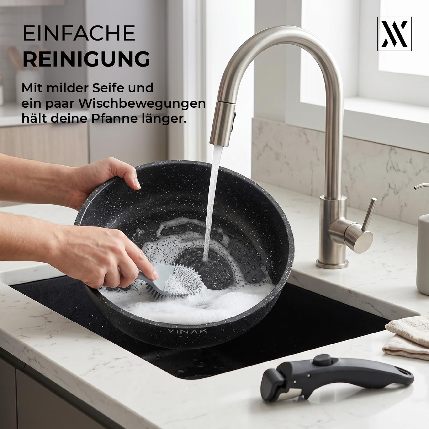 VINAK – Bratpfannen-Set mit abnehmbarem Griff | Antihaftbeschichtung | 11 STÜCK - 26 + 20 cm Bratpfanne, 18 cm Stieltopf, Glasdeckel, Silikonutensilien | Induktions- und ofenfest | PFOA-/BPA-frei