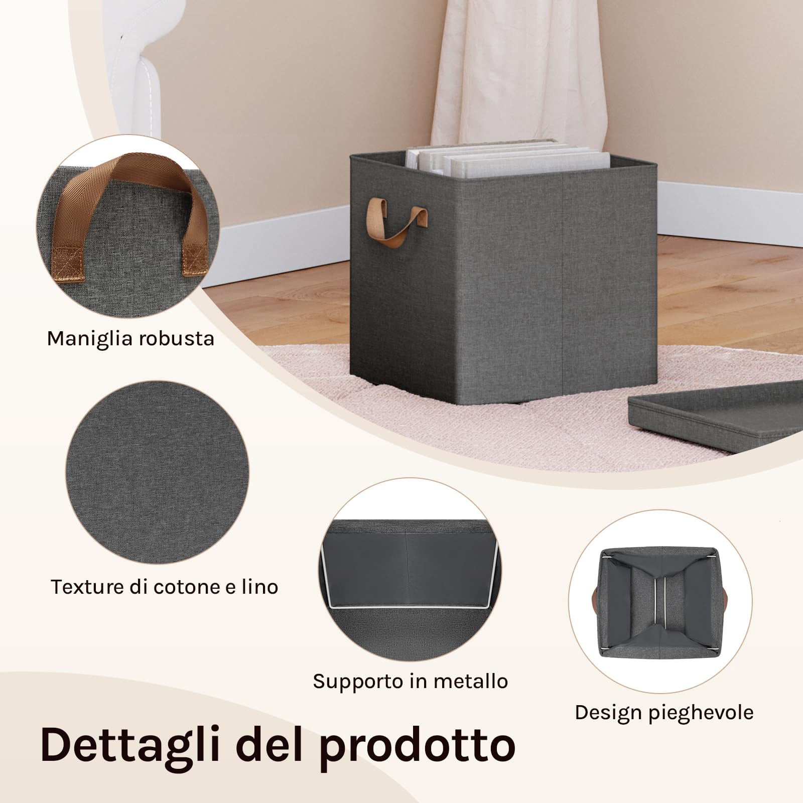 WOLTU Scatole Contenitori Pieghevoli Set di 5, Cubi in Tessuto con Coperchio, Manico e Struttura in Metallo, Organizer per Scaffale e Armadio, Grigio, 30x30x29cm