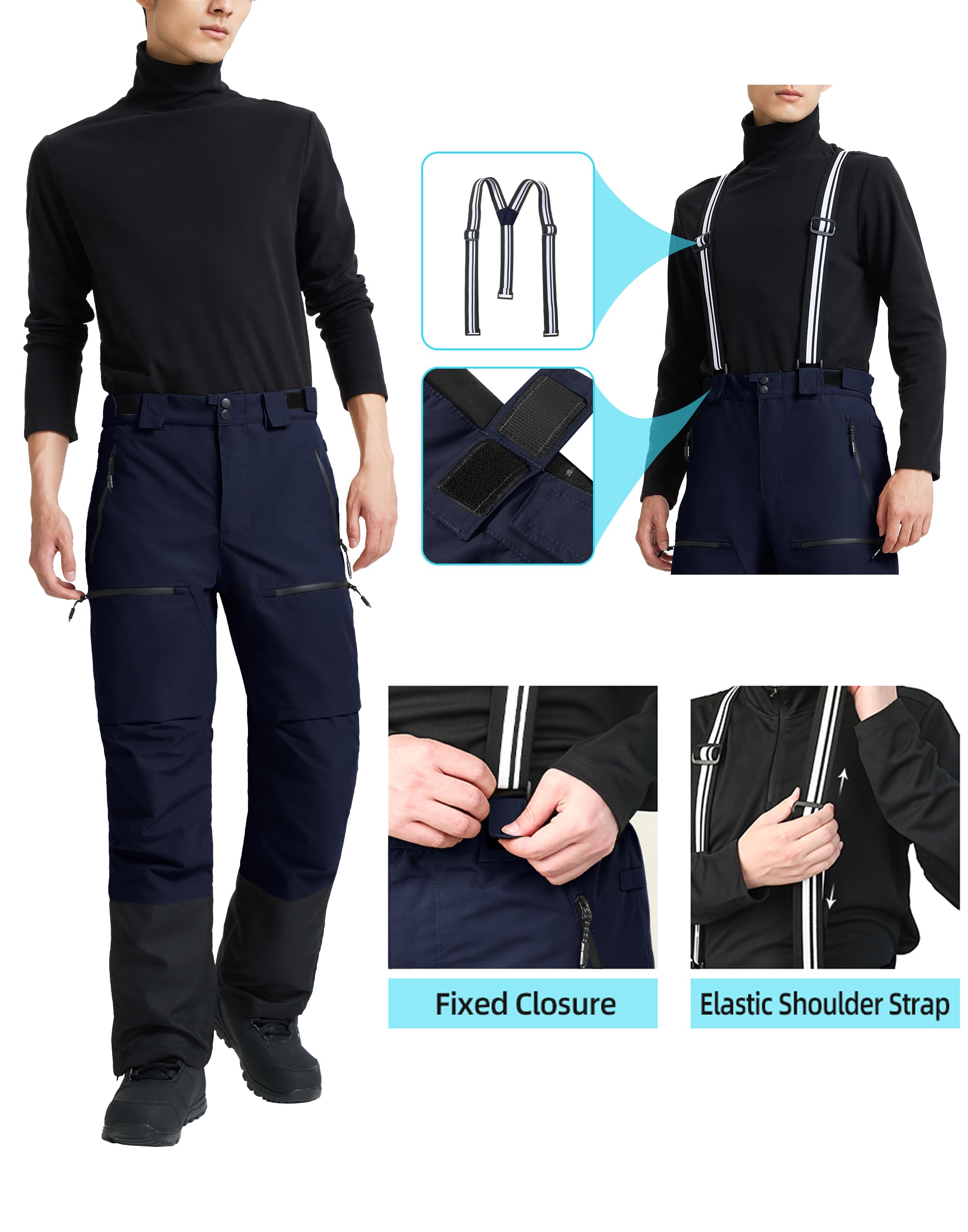 Pioneer Camp Pantaloni da sci da uomo foderati con bretelle, pantaloni da sci, pantaloni da neve, pantaloni da snowboard, pantaloni per attività all'aperto, blu, M