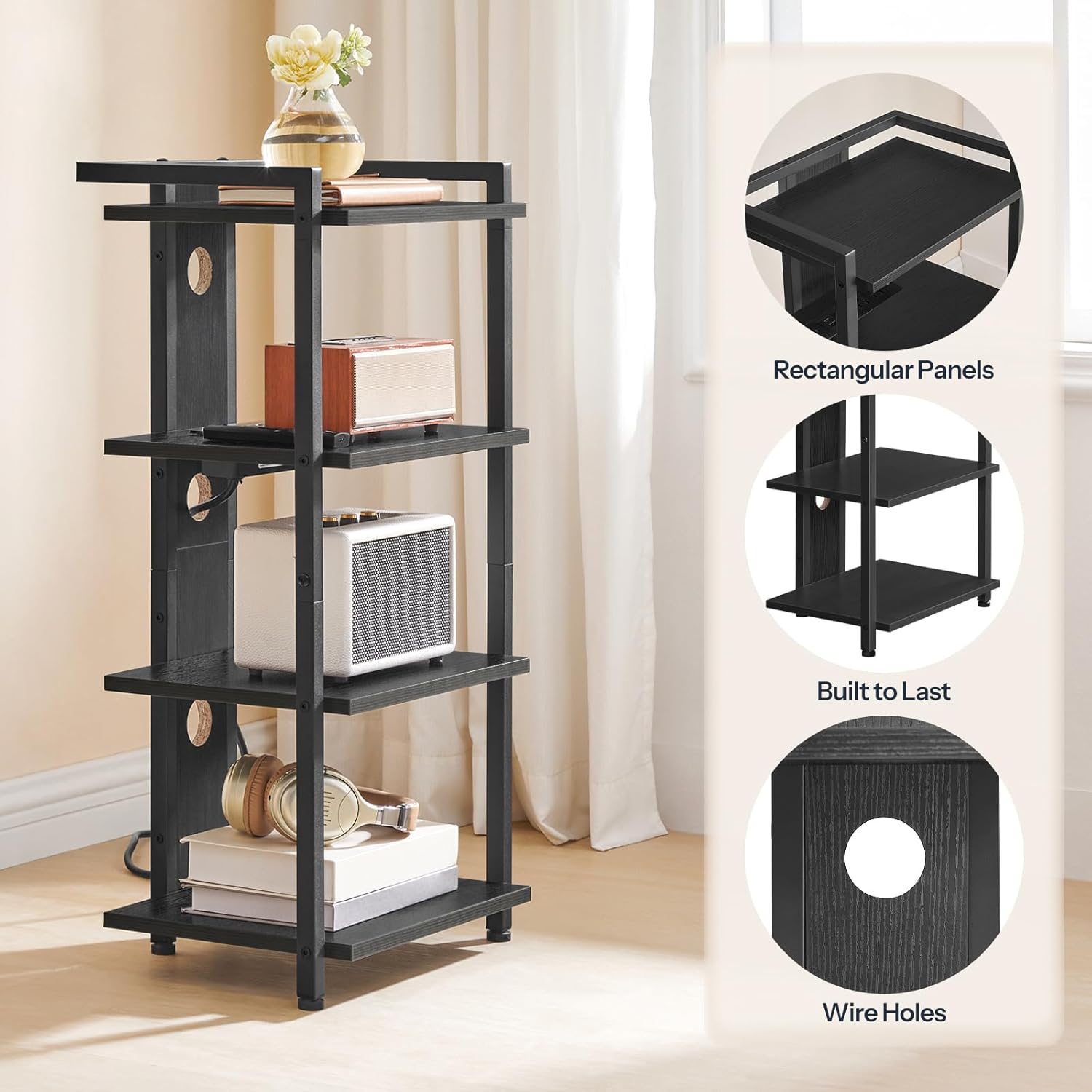 HOOBRO 4-Tier AV Media Stand with Charging Station and LED Light, Wooden Stereo Stand, Rack Audio Tower, Corner TV Stand, Entertainment Device, Black BB38UDCJ01