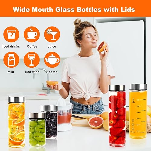 Miniatura 5 de Botellas de vidrio para jugo, paquete de 4 botellas de agua de vidrio de boca ancha con tapas, para jugos, proteínas, licuados, leche,