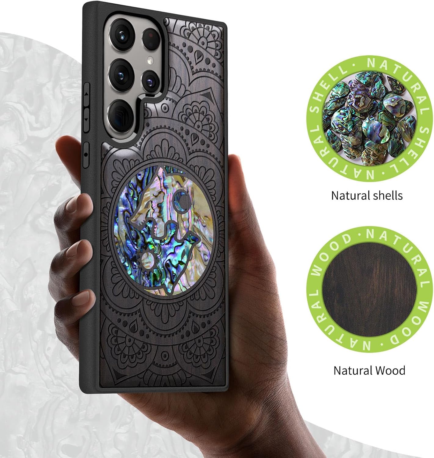 Carveit Designer Wooden Case for Samsung Galaxy S24 Ultra Case [Wood Engraving & Shell Inlay] Compatible with Wireless Chargers S24 Ultra Cover (Shell Yin Yang Wolf-Blackwood)
