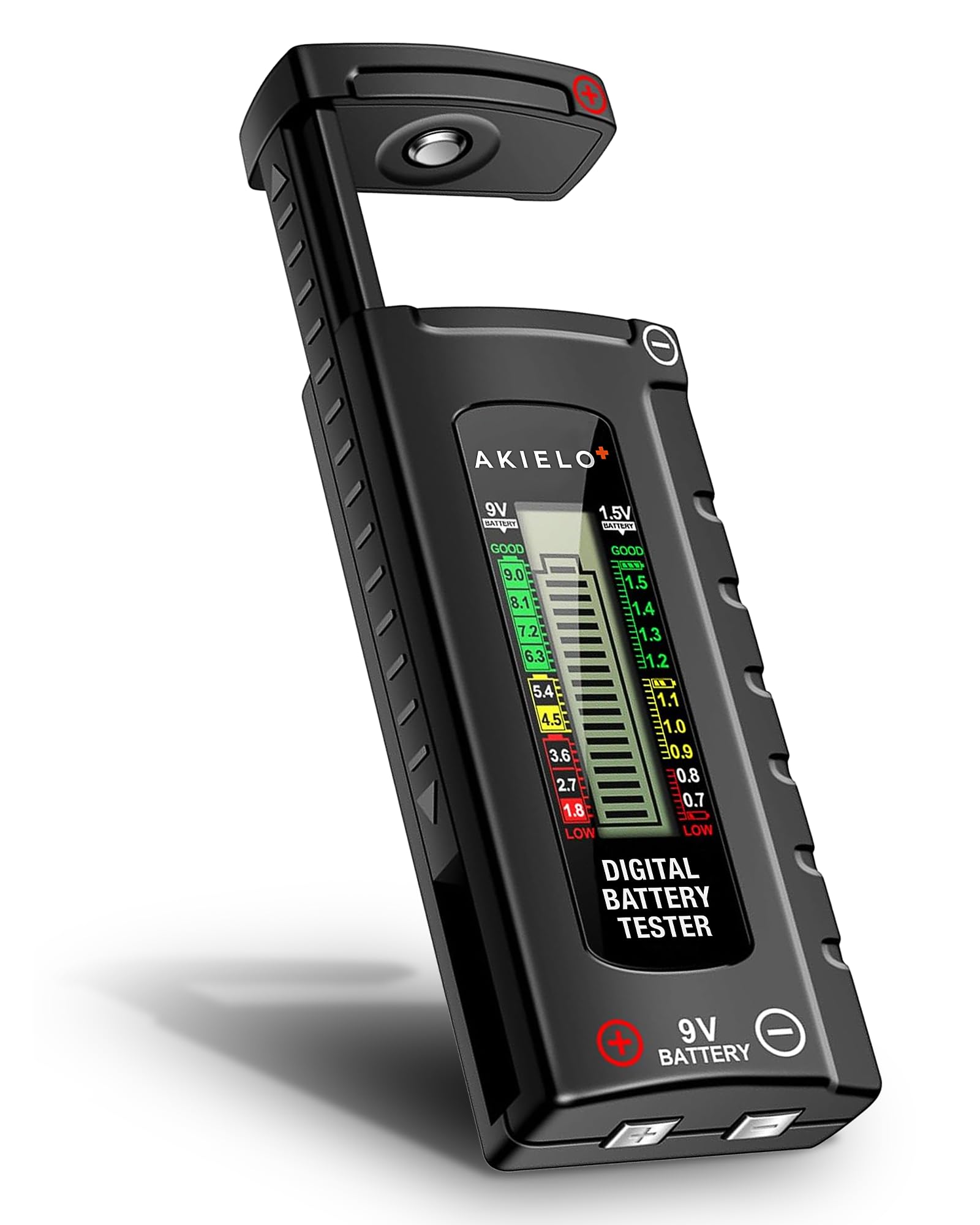AKIELO+ Cyfrowy Tester Baterii – Łatwy do odczytu wyświetlacz LCD – Nie wymaga baterii – Uniwersalny domowy tester baterii do AA AAA C D 9V 1,5V Bateria guzikowa
