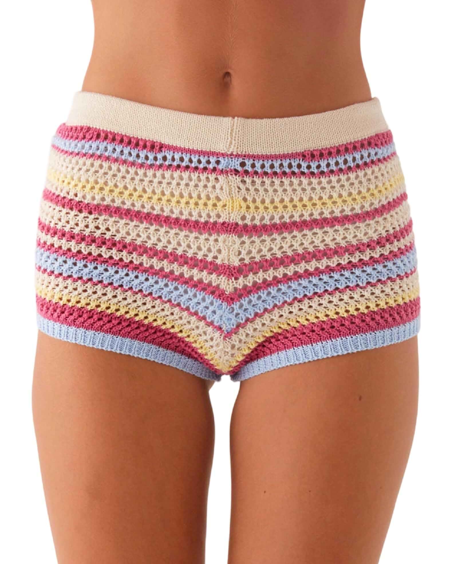 Women Crochet Knitted Shorts Rainbow Striped Y2k Mini Lounge Bottoms Low Rise Summer Beach Sweater Shorts Striped