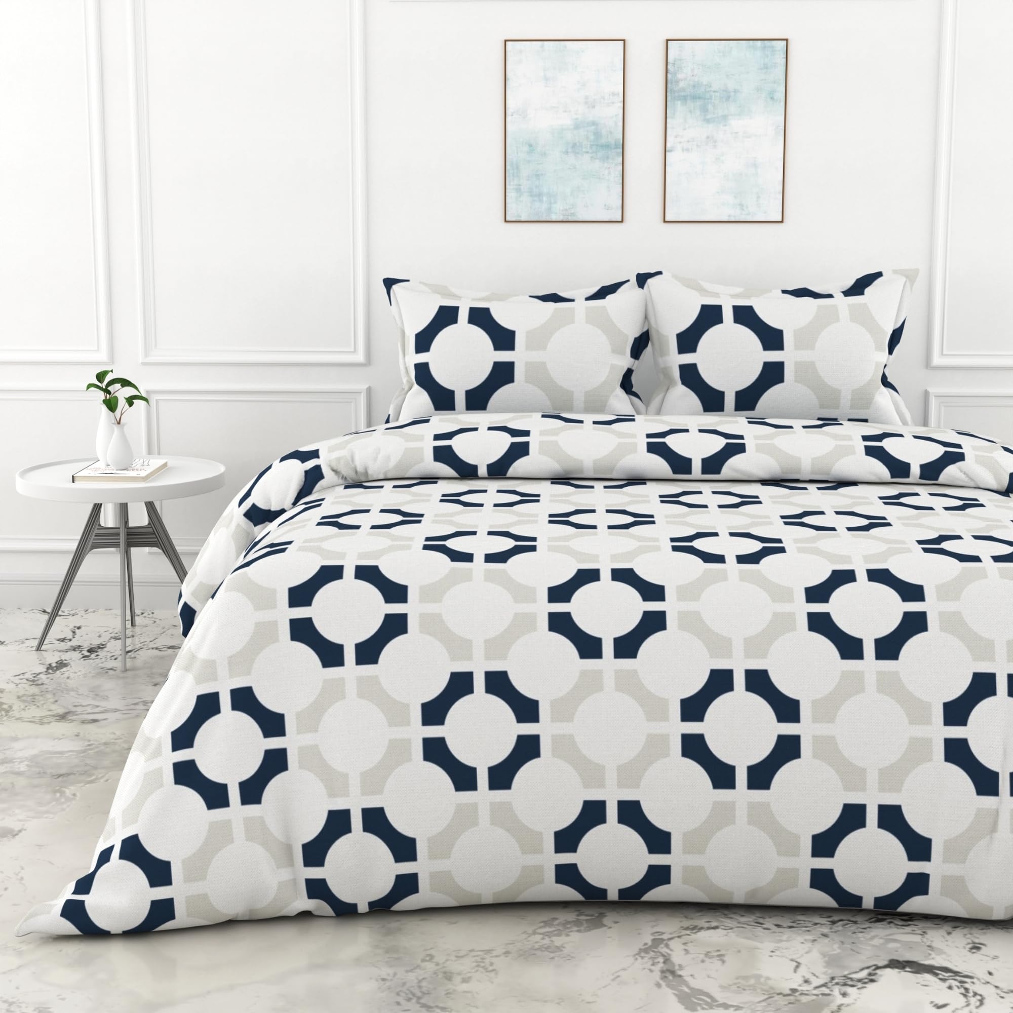LORETO - A QUALITY LINEN BRAND 100% Cotton Bedsheet for Double Bed, 1 Double Bedsheet with 2 Pillow Covers | 144 TC Queen Size Double Bedsheet Cotton, Colonial Blue Matrix