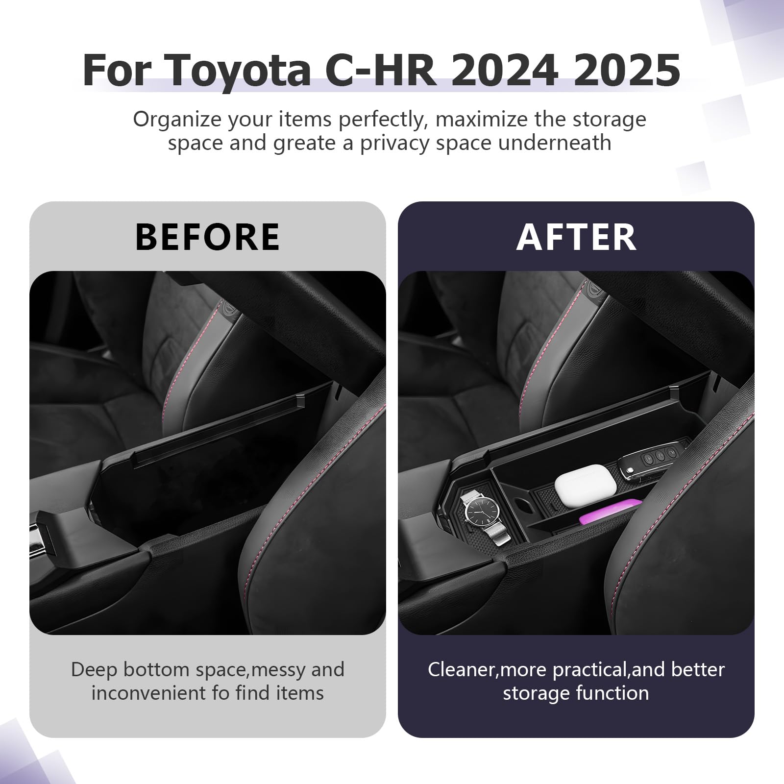 LUWU Compatible con Toyota C-HR CHR Hybrid 2024 2025 consola central caja de almacenamiento guantera organizador bandeja con alfombrilla antideslizante CHR 2025 accesorios