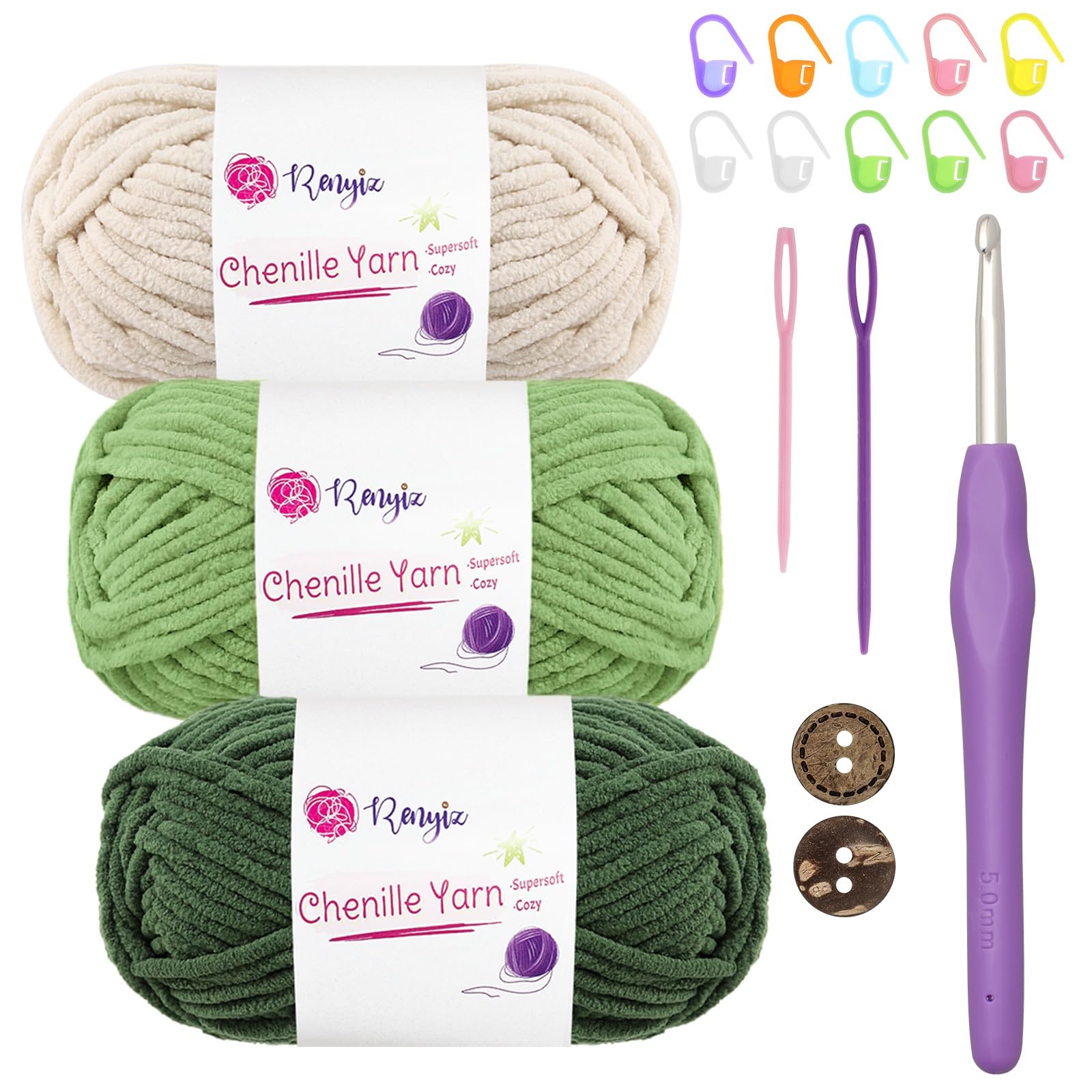 Chenille Chunky Yarn for Crochet 3x50g (60m/Skein) Soft Fluffy Wool Ideal for Blankets Amigurumi, Beginner Crocheters