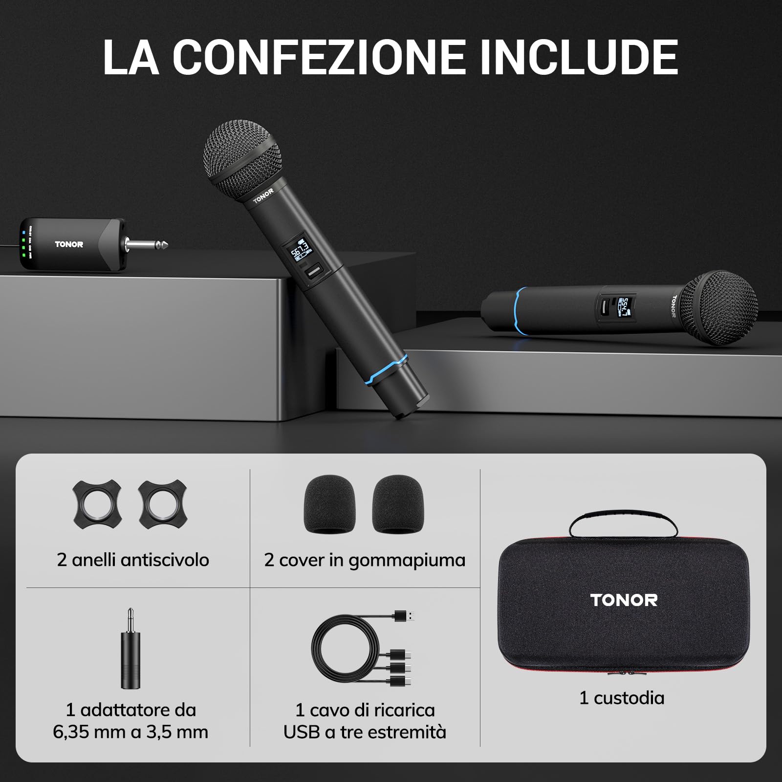 TONOR Microfono Wireless Professionale, Sistema Microfono Ricaricabile Bluetooth, Microfono Dinamico in Metallo UHF 2x25 per Karaoke, Chiesa, Canto, Matrimonio, Riunione, Mute con Clic, 100 M, TW720