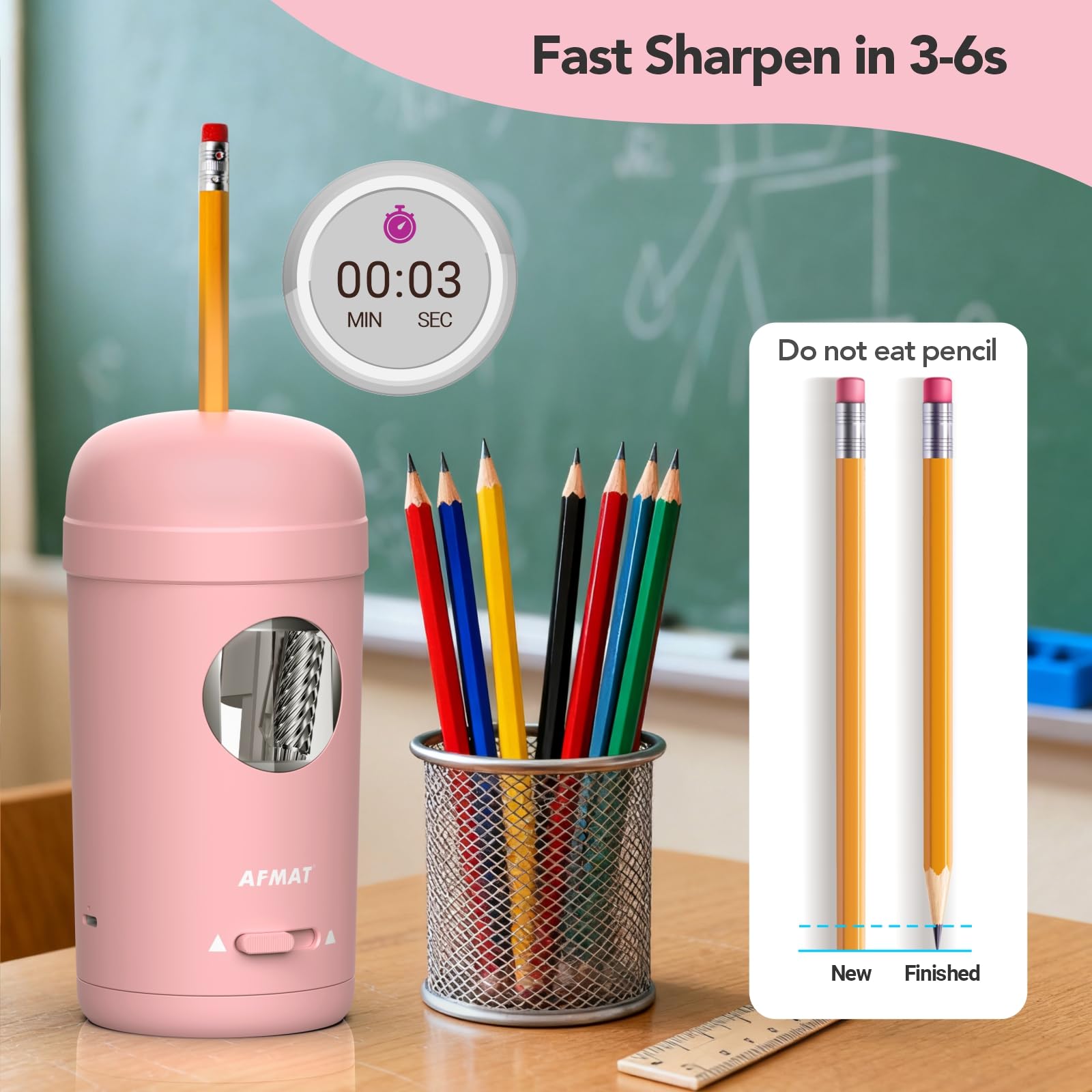 AFMAT - Sacapuntas eléctrico totalmente automático para lápices de 7-8 mm y lápices de colores, entrada y salida automática, sacapuntas verticales recargables para aula/hogar y oficina, modelo: PSX7