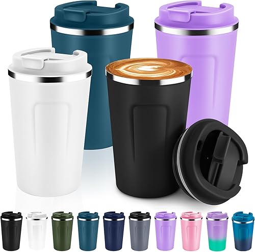 Miniatura 15 de Volhoply Taza de café de viaje con aislamiento al vacío de 12 oz de doble pared con tapa abatible, taza de café reutilizable de acero inoxidable a