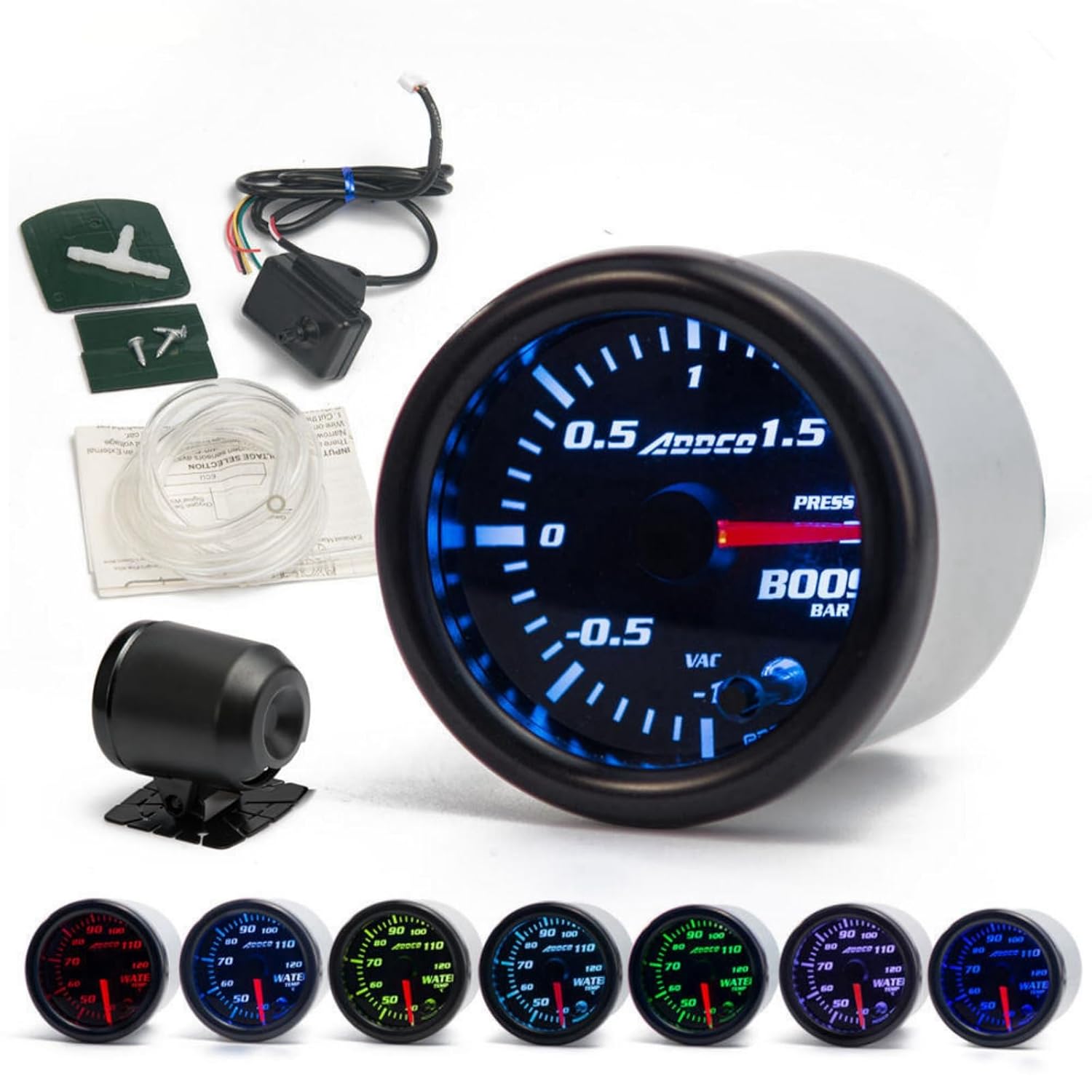 52mm (2") 7-Color LED Turbo Boost Gauge Meter with Sensor & Holder – (-1 to 1.5 BAR) – Universal Fit for Cars